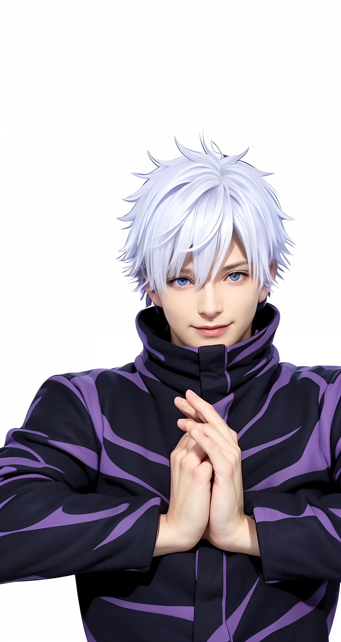 1male, gojo satoru in anime jujutsu kaisen, short hair , white hair, blue ligth eyes, handsome, smile, purple clothes, realistic clothes, detail clothes, city background, ultra detail, realistic
