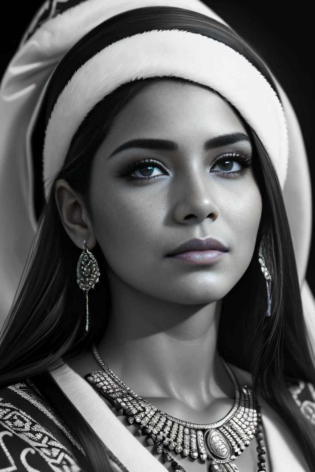 (best quality,ultra-detailed,realistic:1.37),portrait,detailed,beautiful Mexican woman on paper,realistic depiction,rich in details,perfect face,black and white,santa morte chicano,realistic details