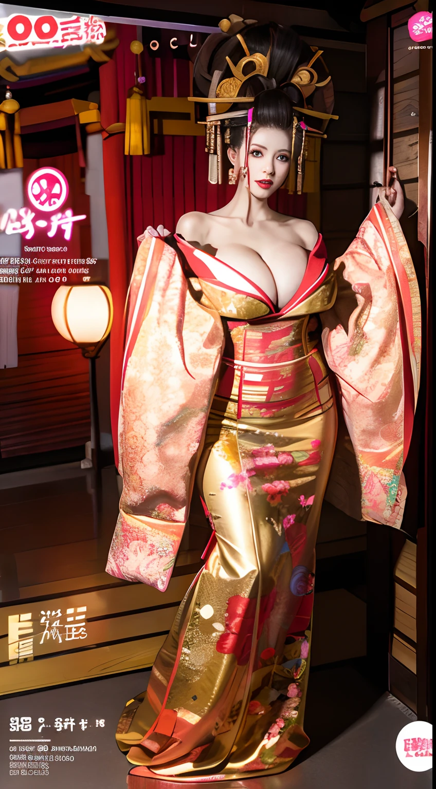 花魁、A height as high as the roof，super tall，Slender、gigantic cleavage breasts、Big breasts Thin waist，Super wide fat buttocks，extra long leg，The length is unbelievably exaggerated，Clothes are not covered，Parippi、Full body color magazine cover