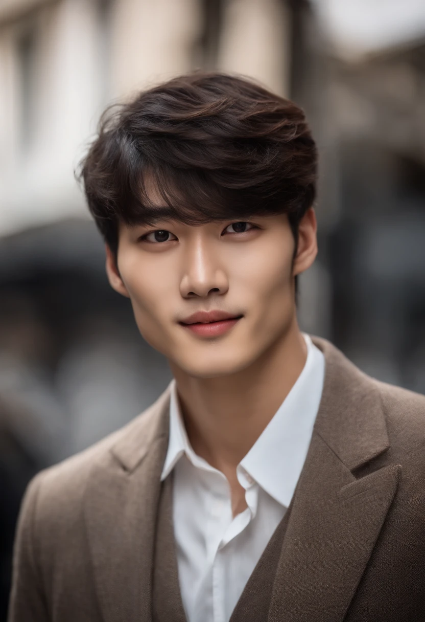 Korean male, Very beautiful, charismatique, regard profond, aegyosal sous les yeux, upper lip larger than lower lip, sculpted physics, lightly tanned skin, cheveux courts, strands on the face, sourire en coin, 22 ans