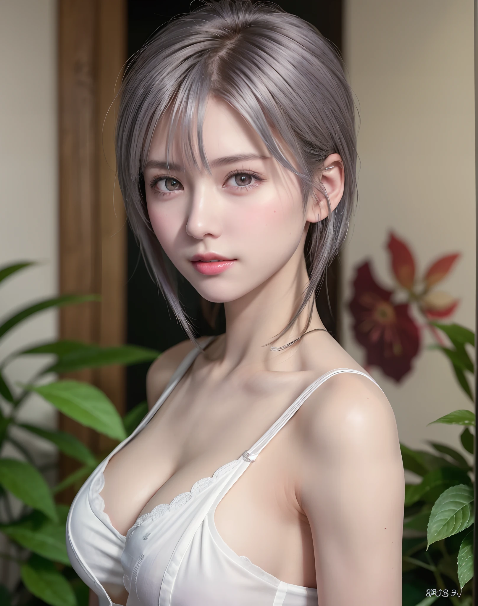 (8K, Photorealistic, Raw photo, of the highest quality: 1.3), (1girl in), Super beautiful, (Realistic face), (boyish, Silver Color Berry Shorthair), Beautiful , Glare that captivates the viewer, Beautiful expression, Beautiful ???????, (Realistic skin), Beautiful...