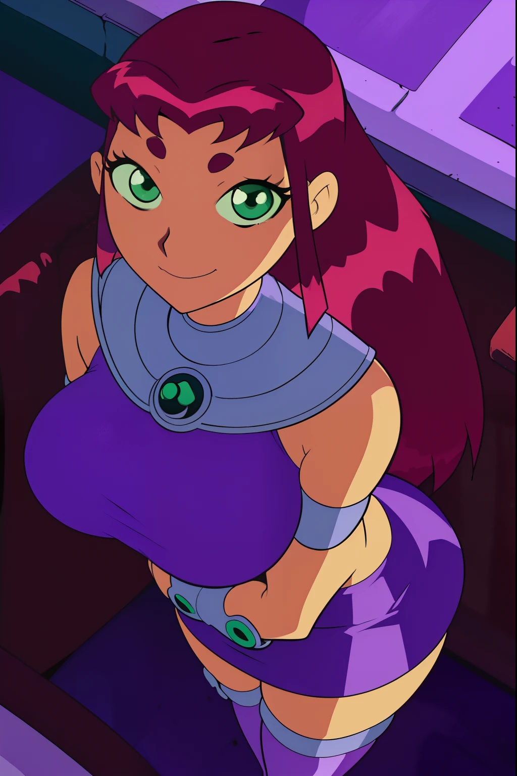Teen titans, Starfire, anime, masterpiece, 1girl, ((bimbo))), green eyes, beautiful eyes, smile face, long red hair, wide hips, thick thigh, big breast, huge ass, shiny skin, purple skirt, purple top, posing, picture from above, purple shade night