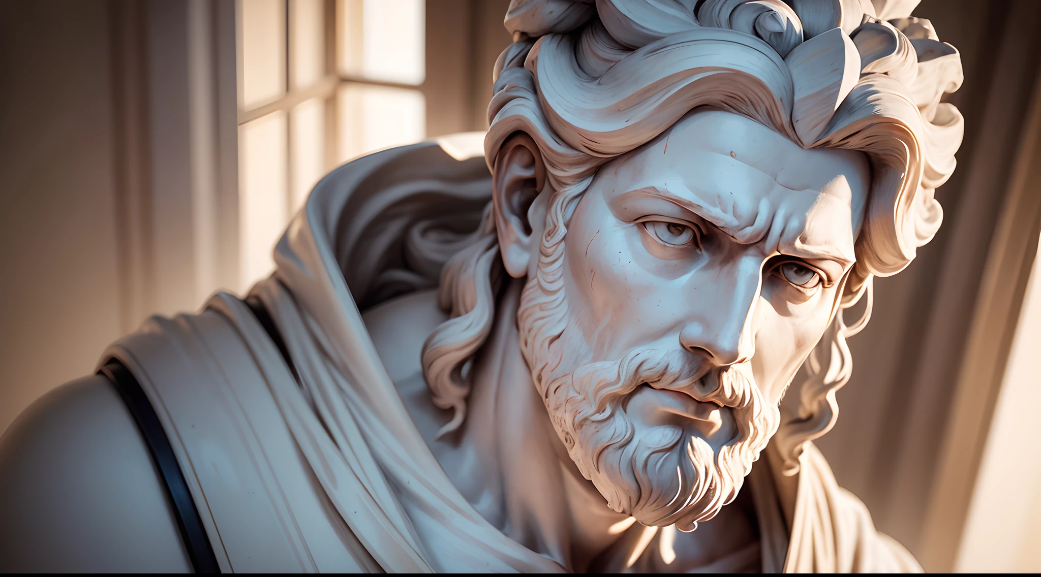 A realistic white Greek marble statue of Marcus Aurelius, em pose estoica e calma, retratando a filosofia do estoicismo. The statue features a stoic and divine facial expression, displaying a stoic attitude and a serene, confident facial expression. A imagem retrata o homem usando uma toga romana. It is detailed down to the smallest detail, definido contra um pano de fundo neutro, incrivelmente detalhado e hiper-realista, com luzes brilhantes. It has a resolution of 8k.