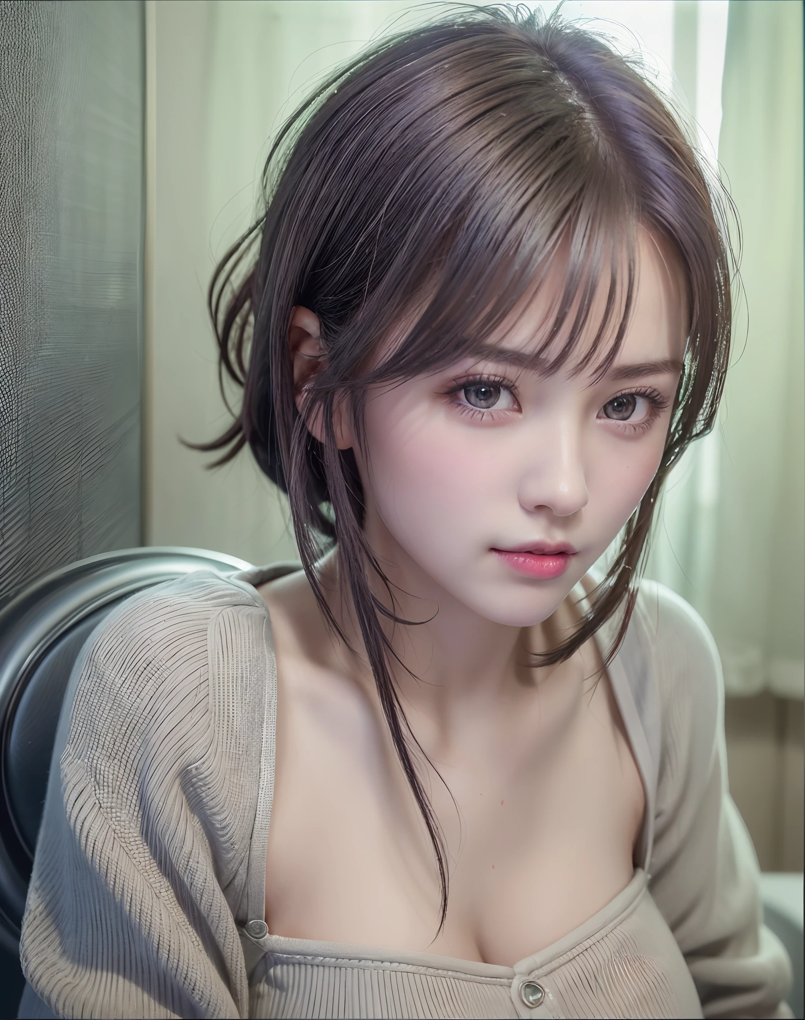 (8K, Photorealistic, Raw photo, of the highest quality: 1.3), (1girl in), Super beautiful, (Realistic face), (boyish, Silver Color Berry Shorthair), Beautiful , Glare that captivates the viewer, Beautiful expression, Beautiful breasts, (Realistic skin), Beautiful...