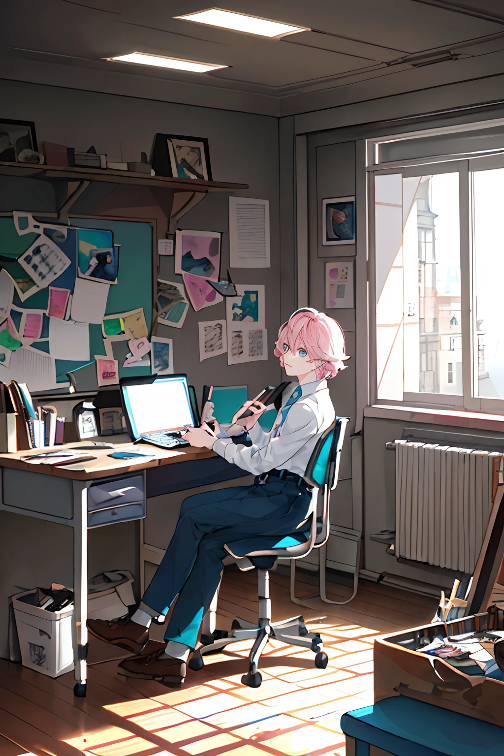 ((((Dramatic))), (((grittiness))), (((Intense))) The movie poster centers on a young writer。。。。。。。。。。。。。。。。。。。。。。。。。。。。。。。。。。。。。。。。。。。。。。(tmasterpiece:1.2),best qualtiy,(tmasterpiece:1.2),best qualtiy,realisticlying,Light pink hair gradient,blue-eyed man,vibrancy,youthfulness,Writer,inside in room,Drawing board,picure,chai,desks,sit on chair,aquarelle,独奏,Quiet
