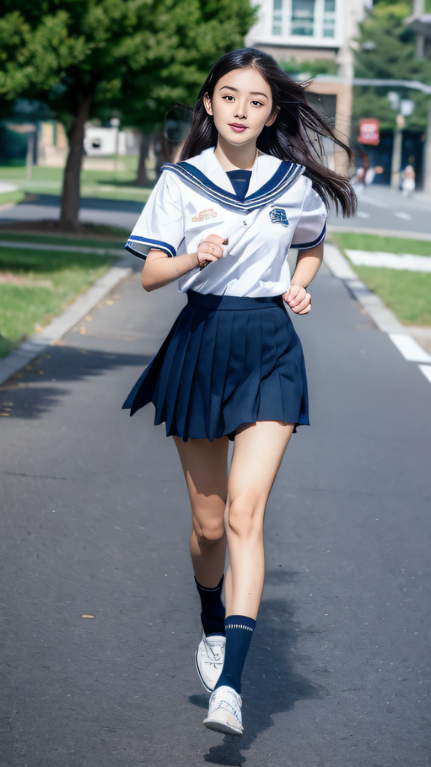 (top-quality, 32K, masterpiece, nffsw:1.2), (Raw photography), (realisitic), (Photorealsitic:1.2), (hight resolution), Women in Japan、18year old,Idol、 ultra-detailliert, extremely beautiful face and eyes, 1girl in, (In a hurry:1.5), infp young woman, Idol, big breasts thin waist, huge-breasted, slim proportions, (student clothes,High School Sailor Uniform, Dark blue pleated skirt), (perspiring、Fluttering hair), School route,morning、satchel、I'll be late, So I'm going to run、