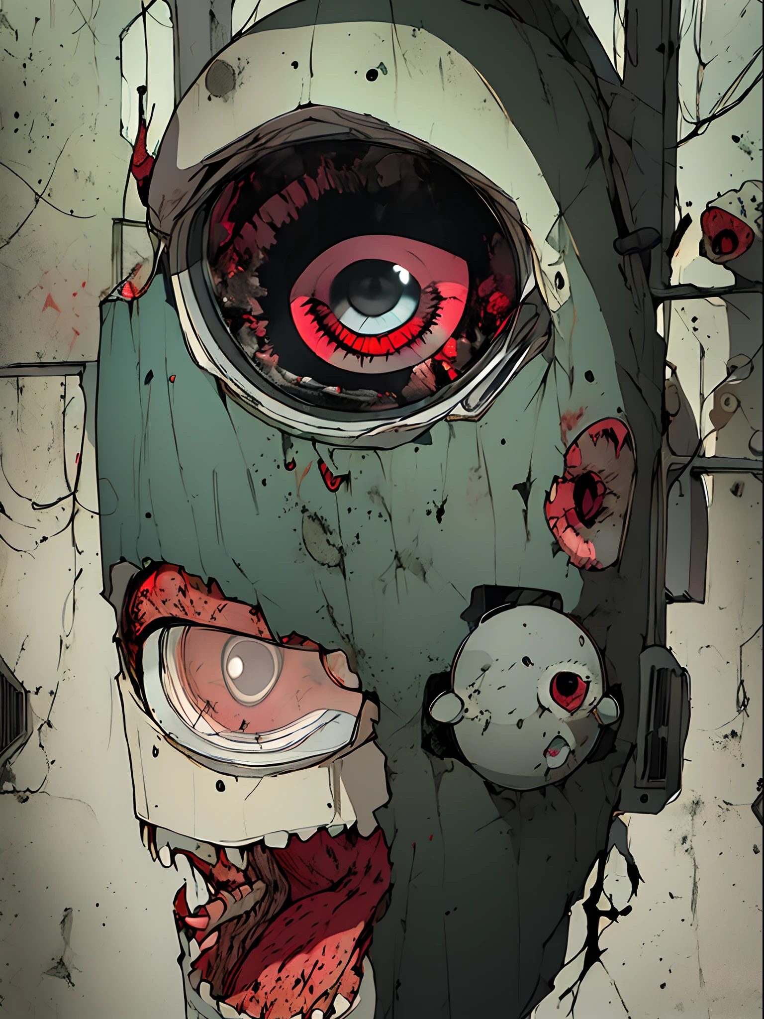 ((one-eyed tv-headed person)),sentient meatloaf Cyborg, zombie mouth, macabre ART, horror collage, double exposure, terryfic, brutalism, photocopy effect, portrait outline