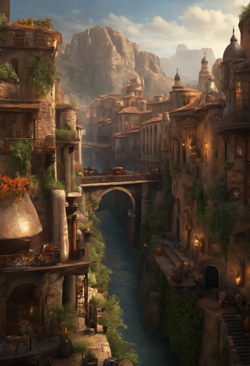 ((masterpiece)),((best quality)),((high detial)),((realistic,)) Industrial age city, deep canyons in the middle, architectural streets, bazaars, Bridges, rainy days, steampunk, European architecture