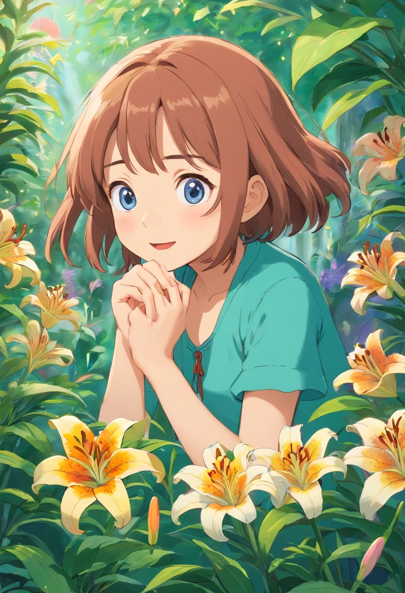 Lily hears a strange sound coming from the garden and her eyes widen with excitement. Ela desce as escadas silenciosamente e se aproxima do jardim.