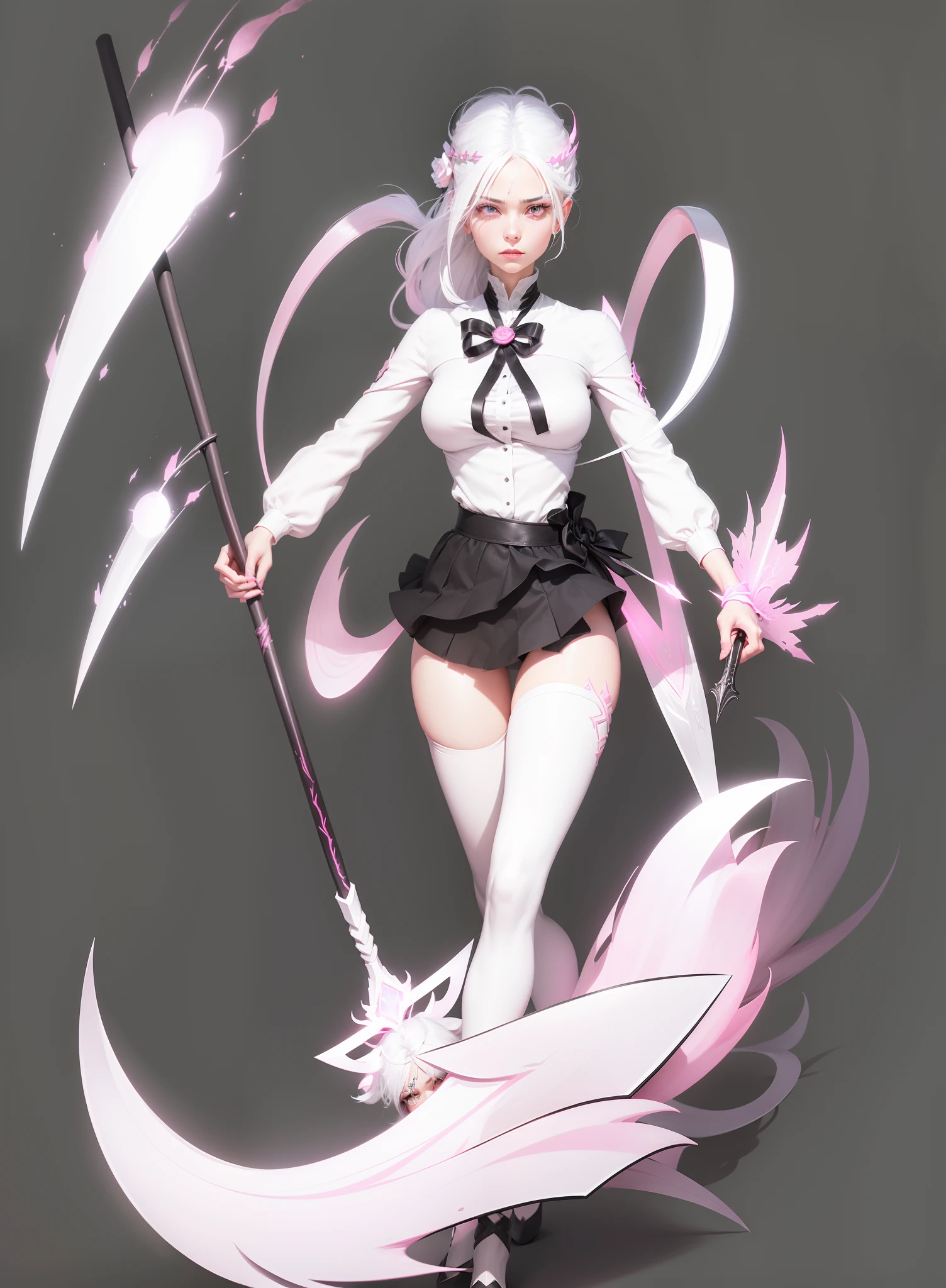 Women , White Hair , pink eyes , I'm real.. , beautidul eyes , Holding a white sickle , It has pink power.. , Attach a white hairpin to the head.. , Realistic Hands , There are five fingers.