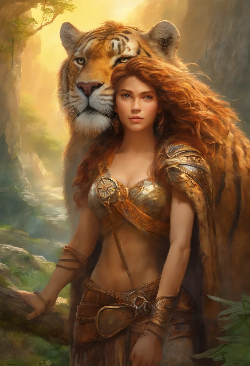 (Best quality, high resolucion, Realstic:1.37), A 16-year-old Stone Age ager, peau mate claire, long, frizzy hair, entrain de battre avec son sagaie contre un tigre a dent de sabre, Ultra detailed, Ancien humain, , Prehistoric scene, Realistic representation of the Stone Age