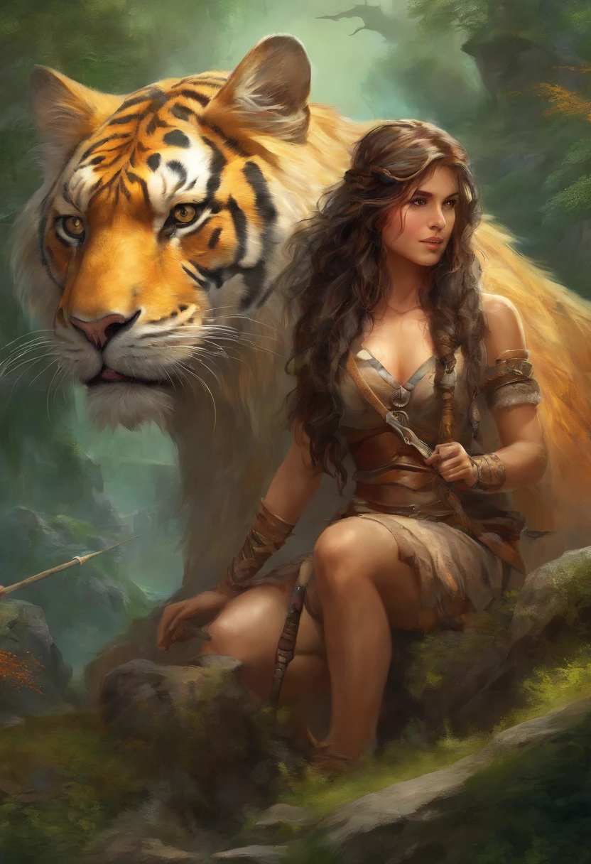 (Best quality, high resolucion, Realstic:1.37), A 16-year-old Stone Age ager, peau mate claire, long, frizzy hair, entrain de battre avec son sagaie contre un tigre a dent de sabre, Ultra detailed, Ancien humain, , Prehistoric scene, Realistic representation of the Stone Age