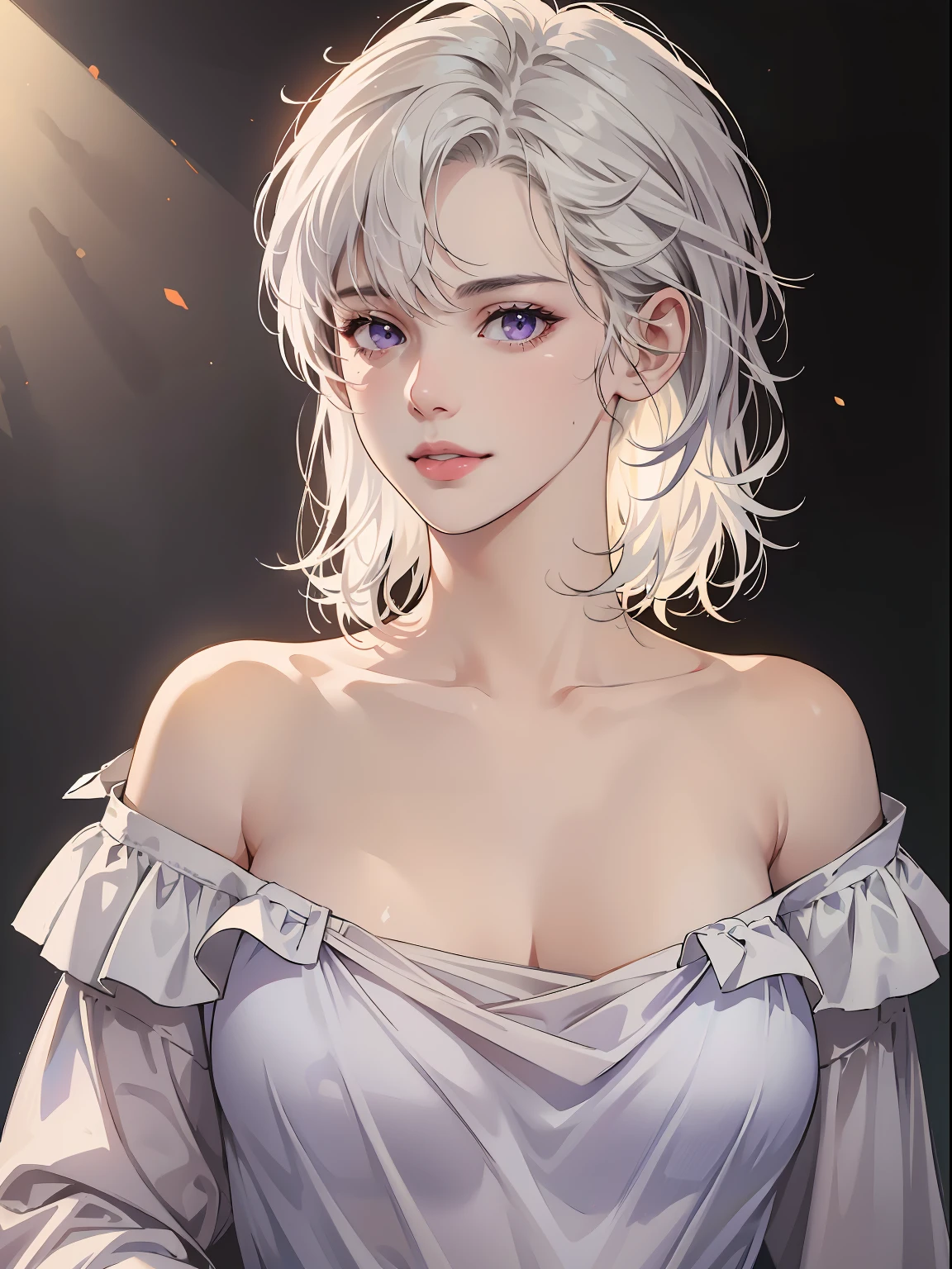 Best quality, masterpiece, ultra high res, (photorealistic:1.5), raw photo, 1girl, offshoulder, in the dark, deep shadow, low key, cold light, sexy look, white hair, short wavy hair, purple eyes, light smile, (large breasts: 1.2), white oversized t-shirt