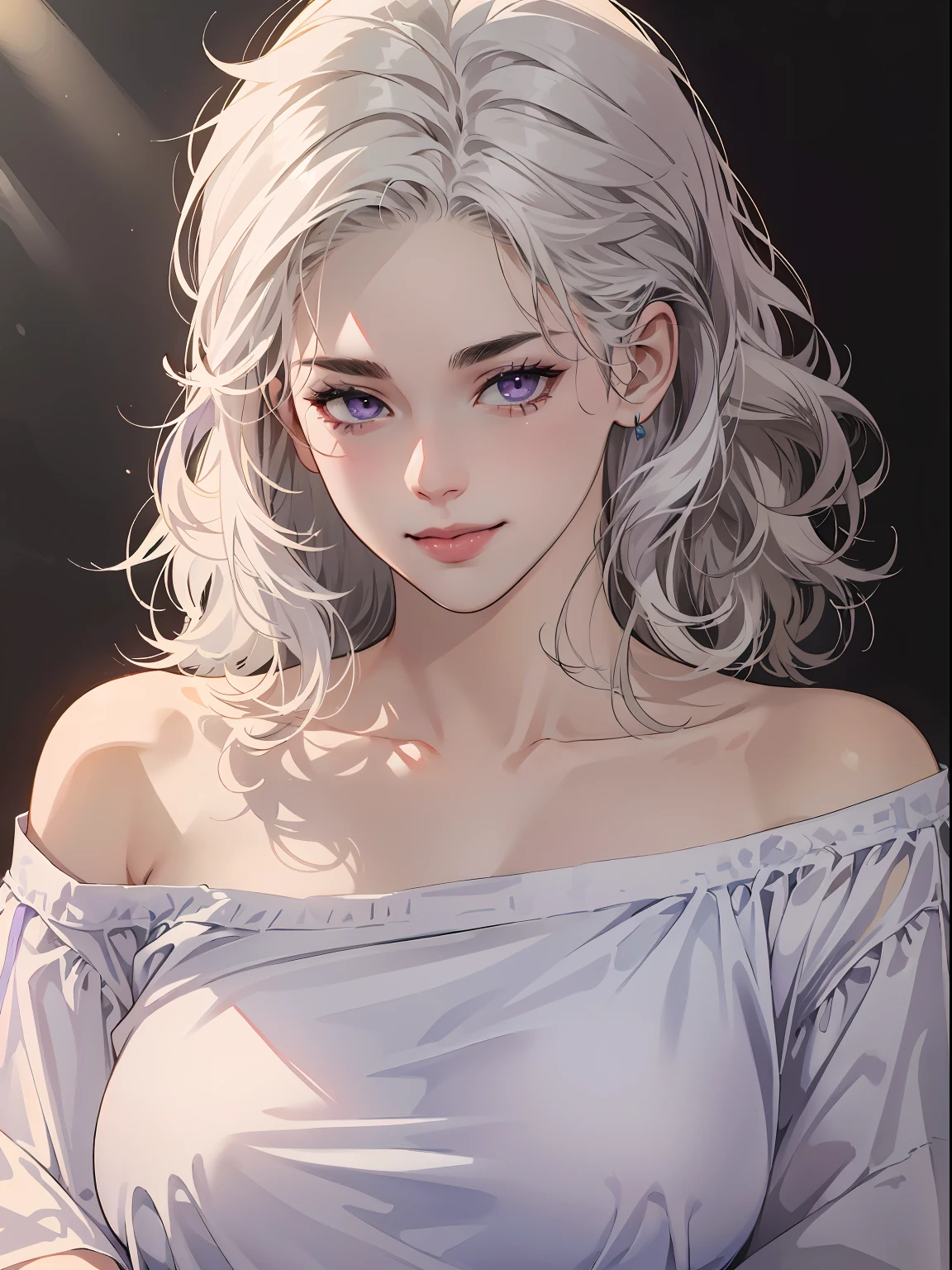 Best quality, masterpiece, ultra high res, (photorealistic:1.5), raw photo, 1girl, offshoulder, in the dark, deep shadow, low key, cold light, sexy look, white hair, short wavy hair, purple eyes, light smile, (large breasts: 1.2), white oversized t-shirt