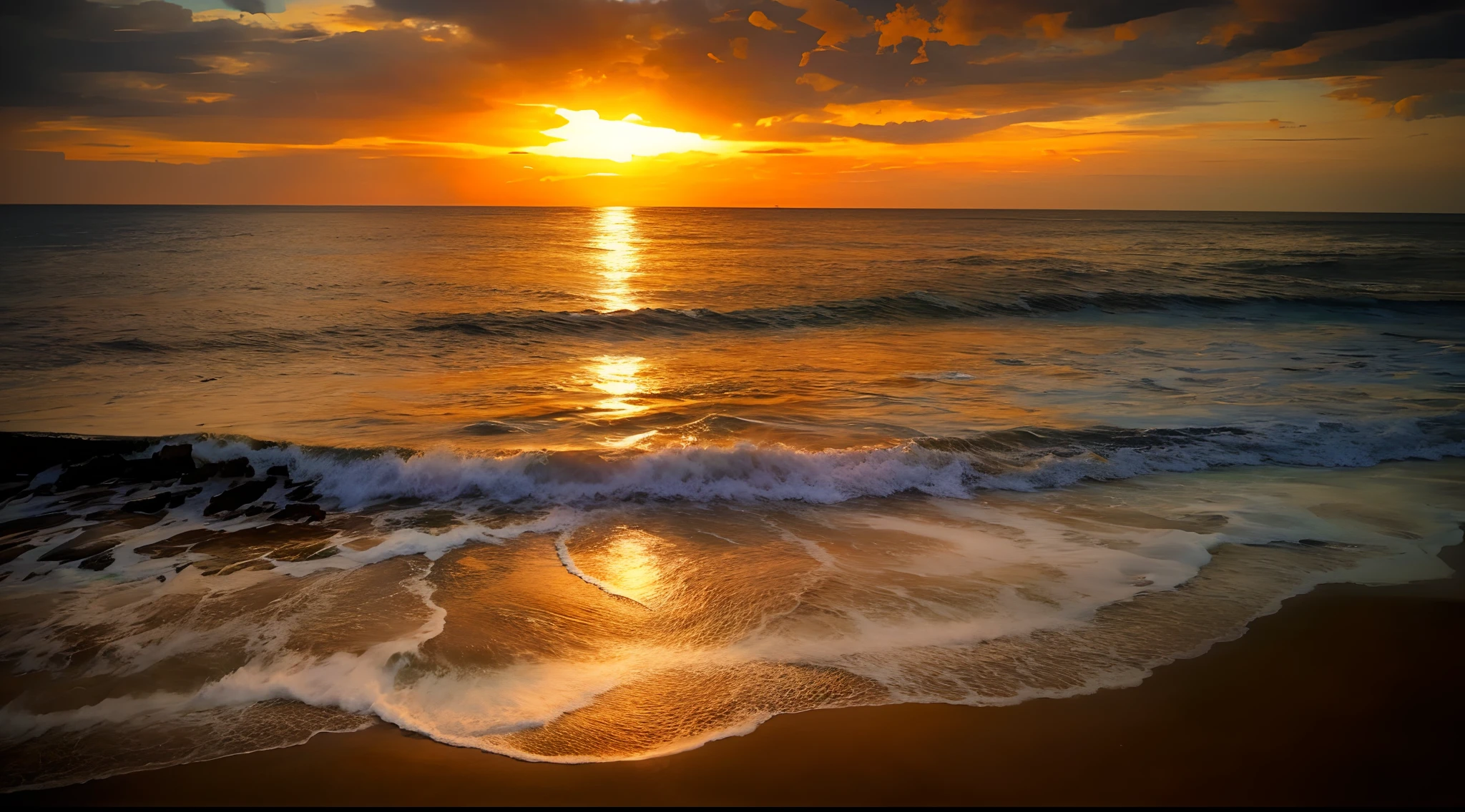 An absolutely mesmerizing sunset over the beach, with a mix of oranges, pinks and yellows filling the sky. The crystal clear waters of the sea gently kiss the shore, with a white sandy beach stretching far and wide. The scene is dynamic and breathtaking, with seagulls flying high in the sky and palm trees gently swaying. Enjoy the relaxing atmosphere and let the peace flood you.