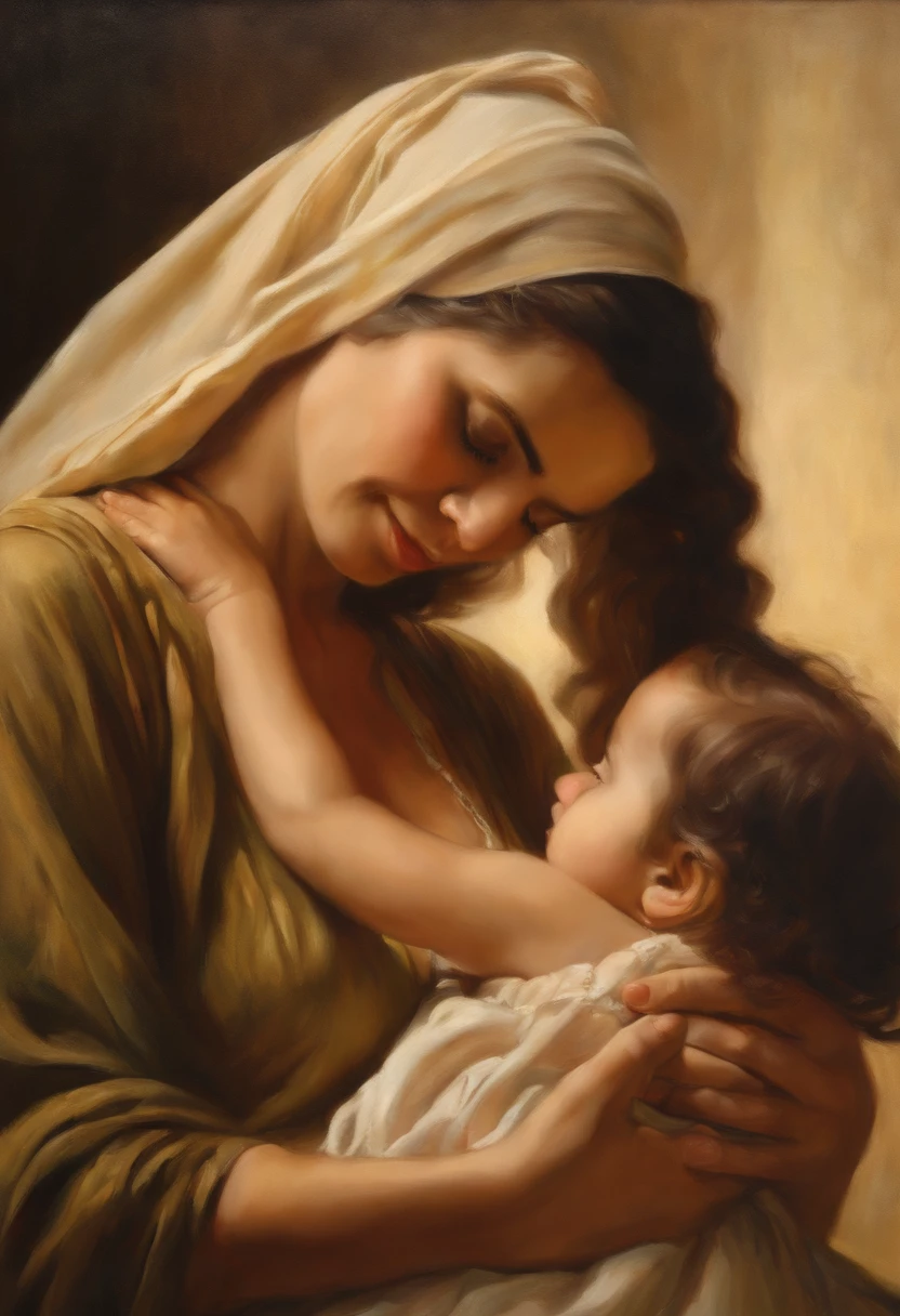 The drawing of a woman holding a child in her arms,retrato,Pintado,oil paintings,cores suaves,warm lighting,detailed facial expressions,olhos bonitos,terno sorriso,Toque suave,Ambiente nutritivo,fundo bege,ambiente tranquilo e sereno,master part:1.2