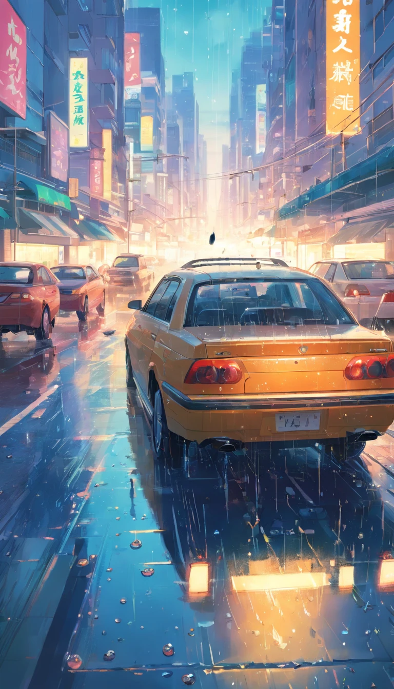 Raindrops splattering on car windshields, in the middle of city, many cars, stuck in a traffic jam,