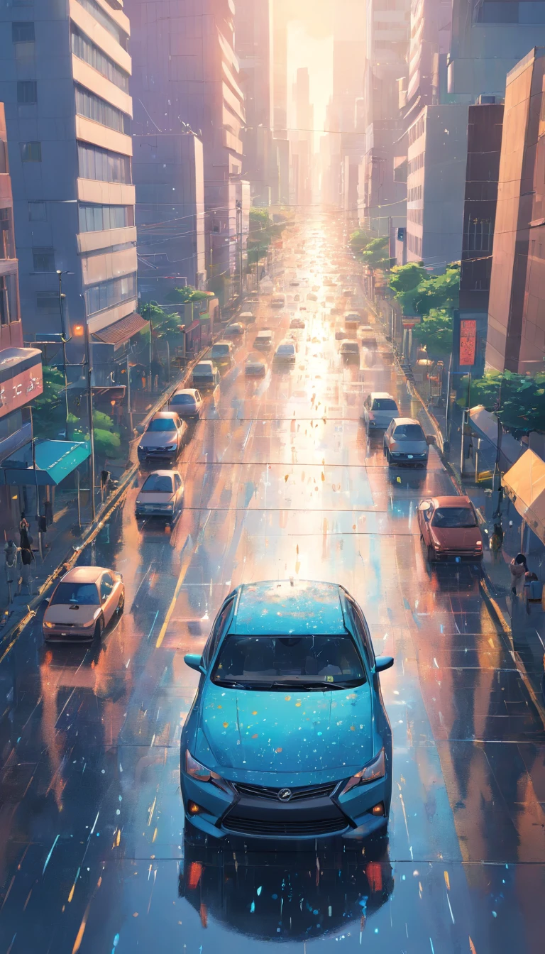 Raindrops splattering on car windshields, in the middle of city, many cars, stuck in a traffic jam,
