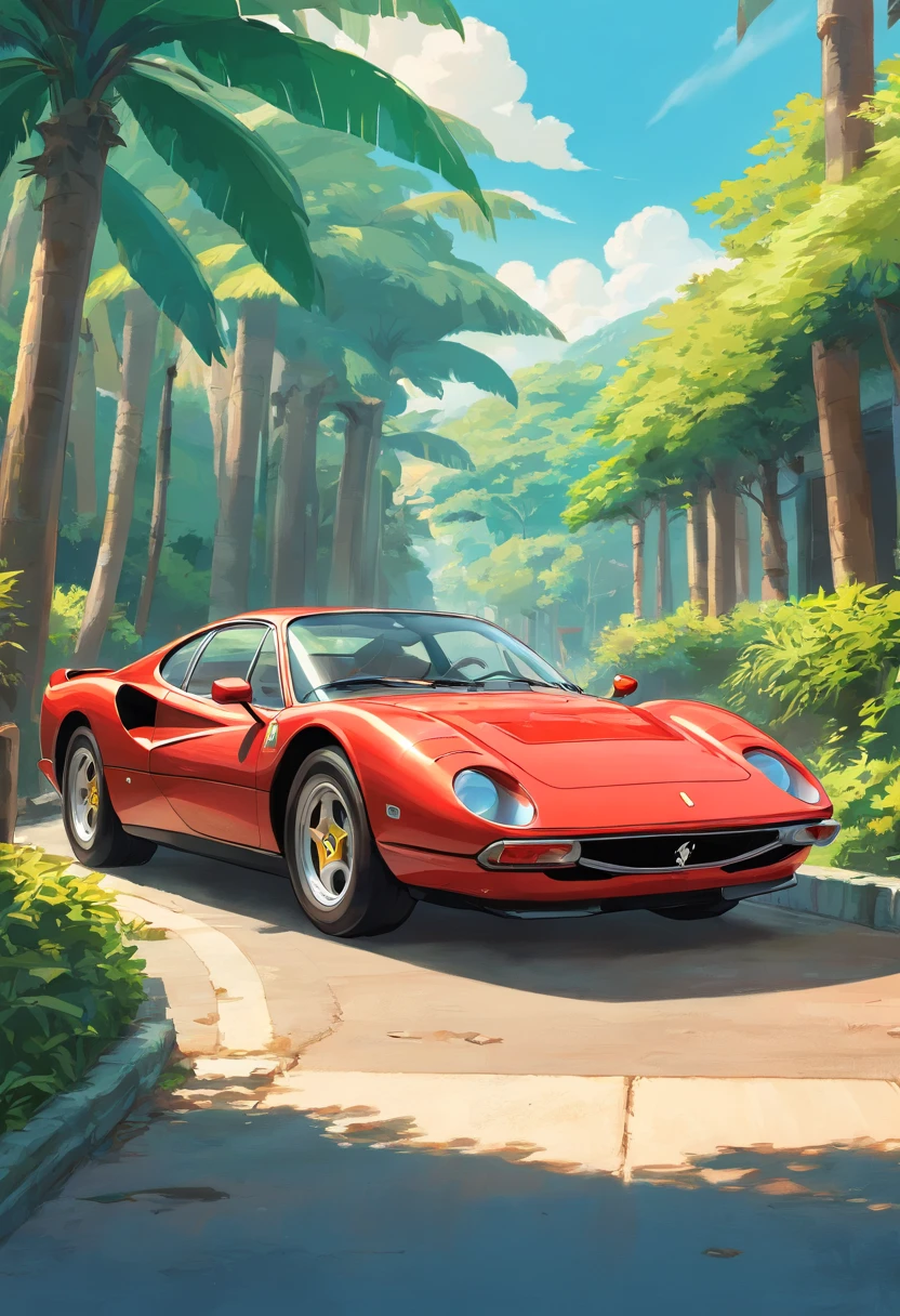Ferrari F8 estacionado en un camino de tierra cerca de palmeras, Hermoso arte retro, in digital illustration style, stunning art style, stylized digital illustration, detailed digital illustration, Arte de pintura de dibujos animados digitales, Estilo de arte retro, Vectorart detallado , retro illustration, --ar 9:16