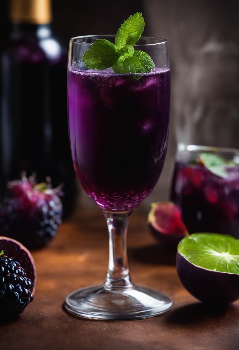 a glass with purple juice, with pieces of purple fruit, folhar verdes dos lados