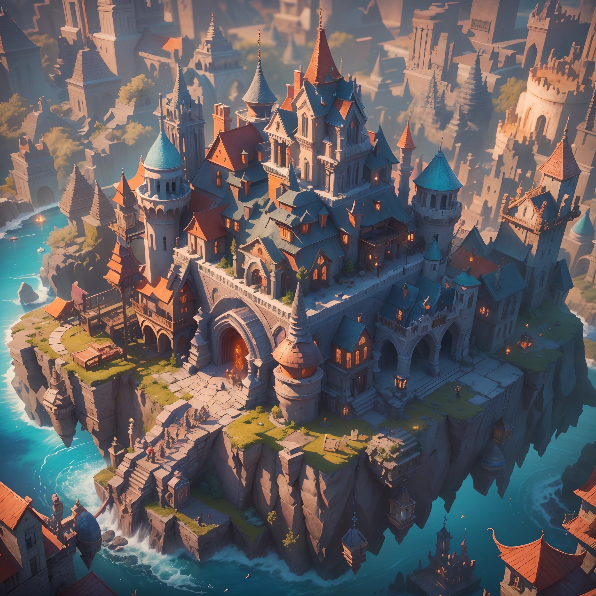 ((Best quality)) , ((Masterpiece)) , (Detailed) , (Artgerm inspired:1.2) , （Floating castle:1.3），(Isometric 3D art of the Pumice Castle:1.2),Mana Floating Island, Floating city in the sky, （Colored clouds:1.2） Fantasy City, fantasy cityscape, fantasy capital city, （Inspired by:《world of warcraft》Dalaran:1.3）, Breathtaking sight，winter, Sunnyday，Centered on the horizon, , fading light, Offset printing, behans hd, 8K resolution