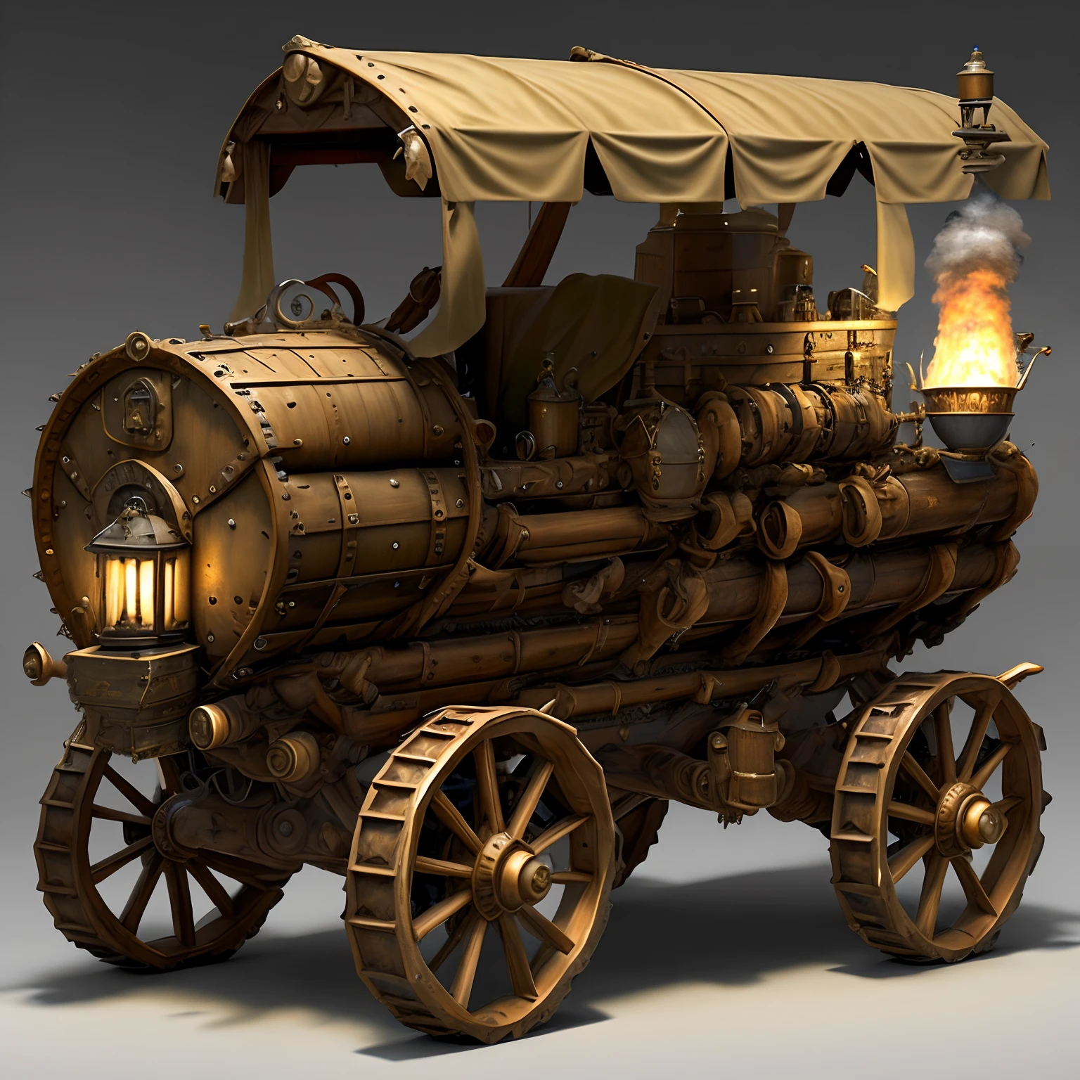 RPG Model , GasLampFantasyAI , Beige armored military wagon powered by a steam engine , The wagon is on the road , Its wheels with spikes are visible , you can see the barrels of guns sticking out of the sides of the wagon body; , Front light.