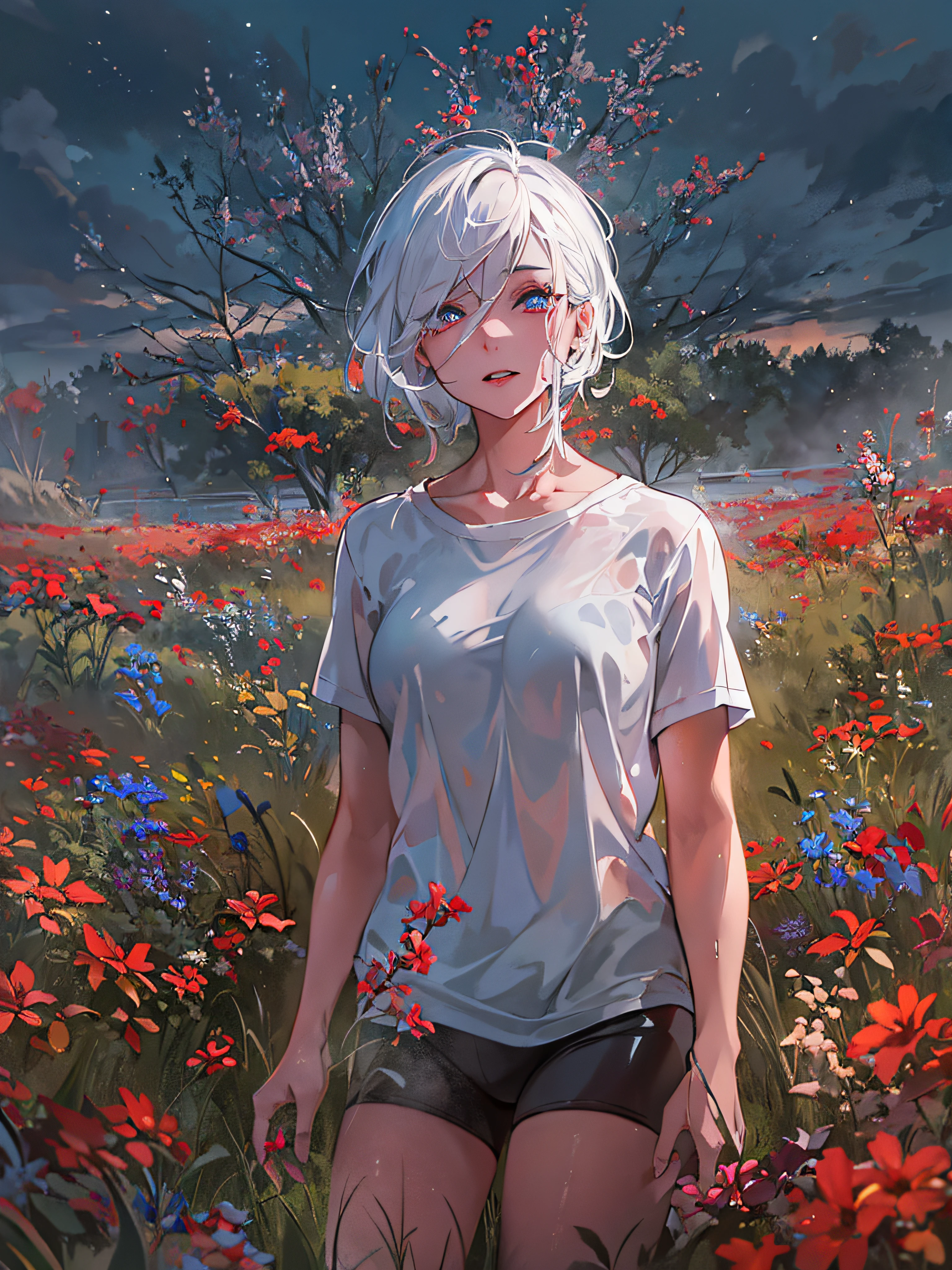 1woman, short white hair, blue left eye, red right eye, beautiful detailed eyes and face, extremely detailed eyes and face, long eyelashes, wearing a wet semi-transparent shirt, yoga shorts, hands behind back, standing in a meadow, best quality, 8K resolution, ultra-detailed, realistic, capturing the urban atmosphere with professional studio lighting, vivid colors, capturing the viewer's attention, creating an intense and intriguing contrast with the surrounding environment.