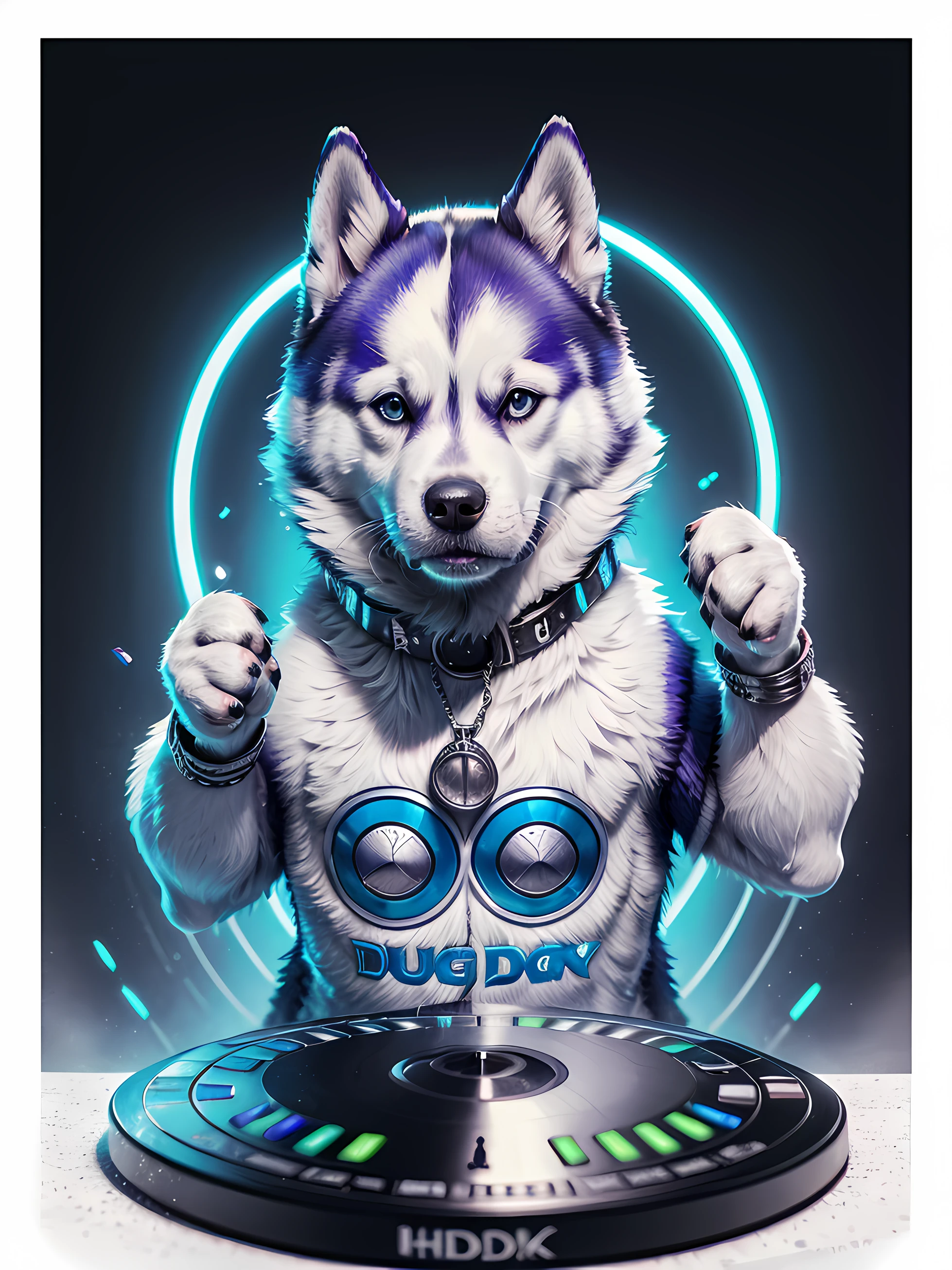 um cachorro Husky Siberiano, pintura estilo 3D aquarela, ((DJ dog listening to music)), DJ Siberiano Husky Dog, mesa de som de DJ, imagem completa, High resolution high contrast (fotorrealista:1.5), (Foto RAW, 8k UHD,