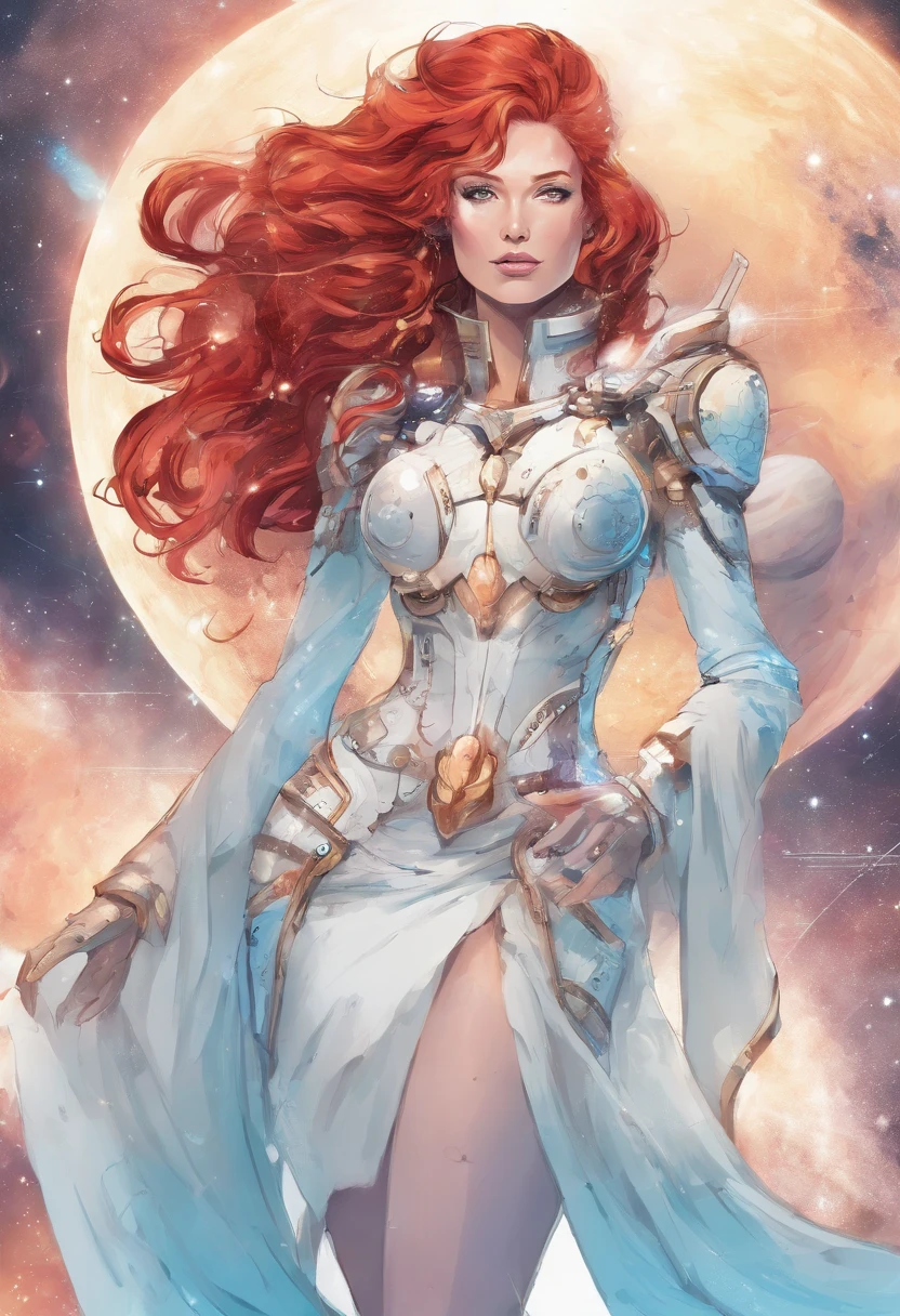 woman with long red hair, very fair skin and sea blue eyes