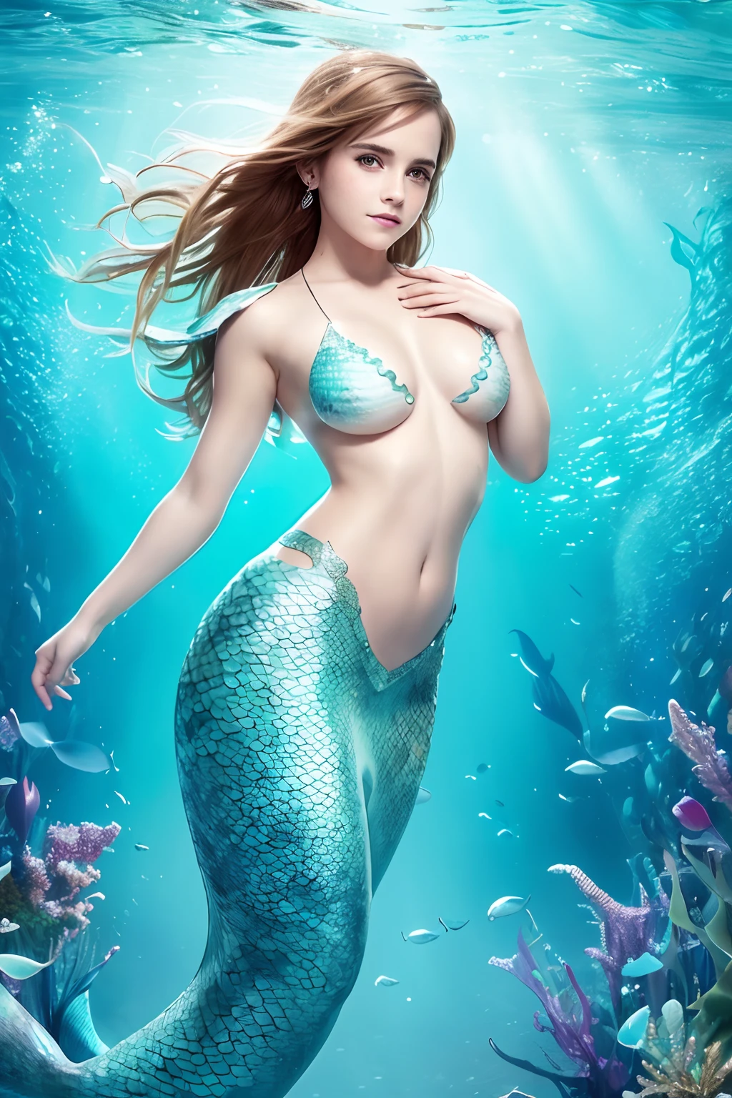 Emma Watson, mermaid tail, smiling, ((mermaid scales covering breasts, fins on arms and hips)), (scales blending into skin:1.4), ((camera angle straight on)), underwater, entire body, full body photography, stunning face, perfect face, beautiful features, realistic face, high detail, photography light, photography grain