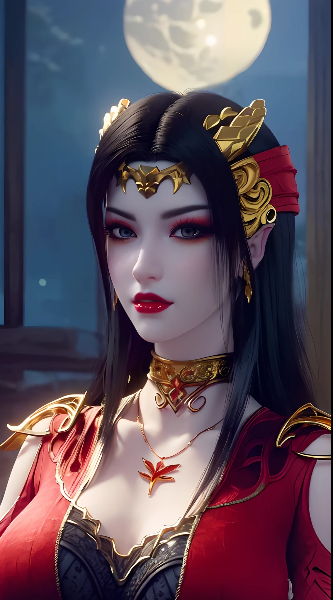 1 extremely beautiful queen, ((wearing sexy red lingerie with black lace trim:1.6)), (((Patterns on clothes:1.6))), ((long black hair:1.6)), jewelry elaborately made from precious stones and beautiful hair, ((wearing a 24k gold lace necklace:1.4))), the noble, noble style of an extremely beautiful girl, her small face is super cute, her face is very pretty, thin eyebrows, flawless beautiful face, ((black eye pupils: 0.8)), very beautiful eyes, ((platinum blue eyes: 1.6)), (((eyes wide open:1.6))), nice makeup and hair detailed eyelashes, steamy eye makeup, high nose, earrings, red lips, ((closed mouth: 1.5)) beautiful lips, slim hands, most beautiful thighs, ((arms spread out to the sides: 1.5)), rosy face, clean face, flawless beautiful face, smooth white skin, (big breasts: 1.5)), ((high breasts: 1.6)), tight breasts, beautiful cleavage, (((big breasts and super round: 1.8))), ((super tight breasts: 1.7)) , beautiful breasts, perfect body, back arms, chest out, thin black mesh stockings with black lace trim, 8k photo, super high quality, super realistic, super 10x pixels, optical, bright studio, bright edges, dual-tone lighting, (high-detail skin:1.2), super 8k, soft lighting, high quality, volumetric lighting, photorealistic, photorealistic high resolution, lighting, best photo, 4k, 8k quality, blur effect, smooth sharp, 10 x pixel, ((sea and moonlight at night background:1.5)), aurora, lightning, super graphics realistic, most realistic graphics, 1 girl, alone, solo, Extremely sharp image, surreal, (((frontal portrait: 1)))."