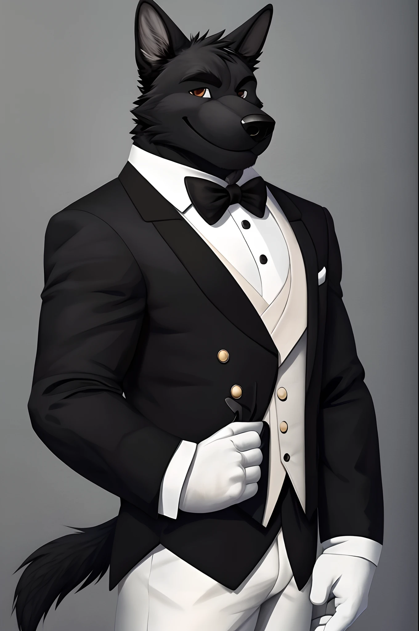 masterpiece, best quality, highres, 1male, solo, black dog man, furry, black tuxedo, white formal gloves, smile, beautiful face, hand on hip, butler,