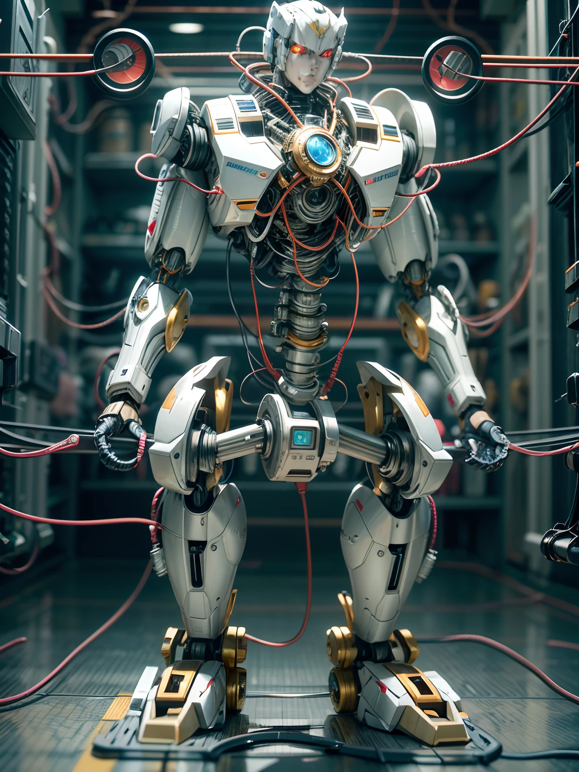 (masutepiece, Humanoid robot with complex machines:1.3), (A captivating depiction of a humanoid robot character:1.2), (well-built，Showcasing the fusion of technology and aesthetics:1.2), (The robot's body is made entirely of complex gears, Gold and titanium parts:1.1), (The wires are intricately intertwined with the frame，Form a mechanical circulation system:1.1), (Strategically positioned porcelain plate，Protect critical components:1.1), (Humanoid head，The face is perfectly symmetrical:1.1), (Thick eyebrows surround expressive features:1.1), (Design hairstyles with stunning upward combing style, Vivid blue tones:1.1), (Set up in a science lab, Focus on robots in lighting:1.1), (Focus on the complexity of the machine and the aesthetics of the design:1.1), (Great attention to equipment details, electrical wires, and components:1.1), (Capture the harmonious integration of people and technology:1.1), (A sense of wonder and innovation represented by the creation of robots:1.1), (Images that inspire reflection on the future of human-computer interaction:1.1), (Combine precision with aesthetics、Artwork that creates engaging and thought-provoking works:1.1)), Cinematic, ultra - detailed, insanely details, beautifully color-graded, illusory engine, degrees of freedom, Hyper-Resolution, megapixel, Movie glitter, Anti-aliasing, FKAA, TXAA, NFFSW, SSAO, post-proces, postproduction, Tone-mapping, ...CGI, vfx, Tokusatsu, insanely detailed and intricate, hyper-maximalist, Ultra photo realsisim, volumetr, Photorealistic, The ultra-realistice, Ultra-detailed, Intricate details, Super detailed, fulcolor, Volumetric lightning, NFFSW, Realistic, illusory engine, 16 k, Sharp focus, rendering by octane