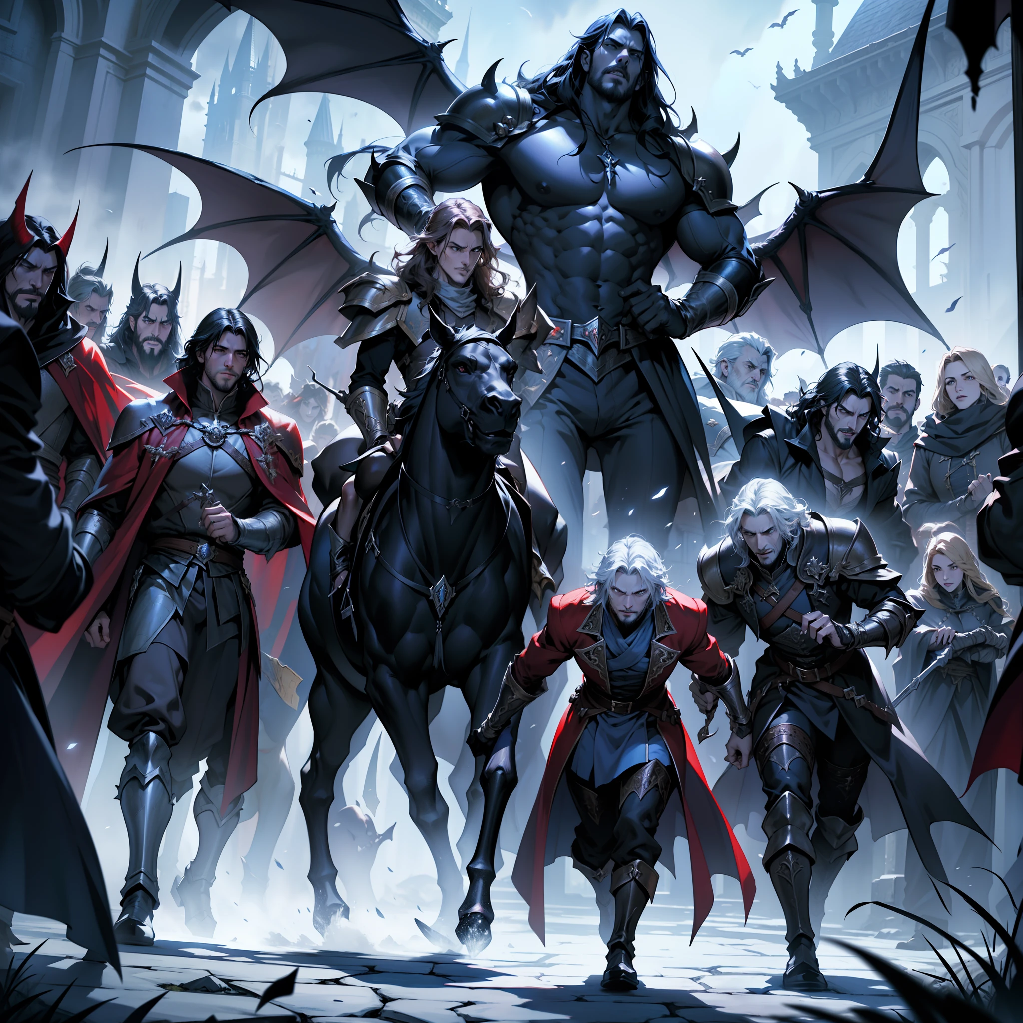 Castlevania Lord of the shadows hyper realistic super detailed Dynamic shot master piece scene cinématique scènes movie Epic Legendary Lord Dracula leading troops army of demons and Beasts to battle War atmosphere medieval hyper realistic super detailed faces hyper realistic super detailed poses correct Anatomy correct proportions super detailed