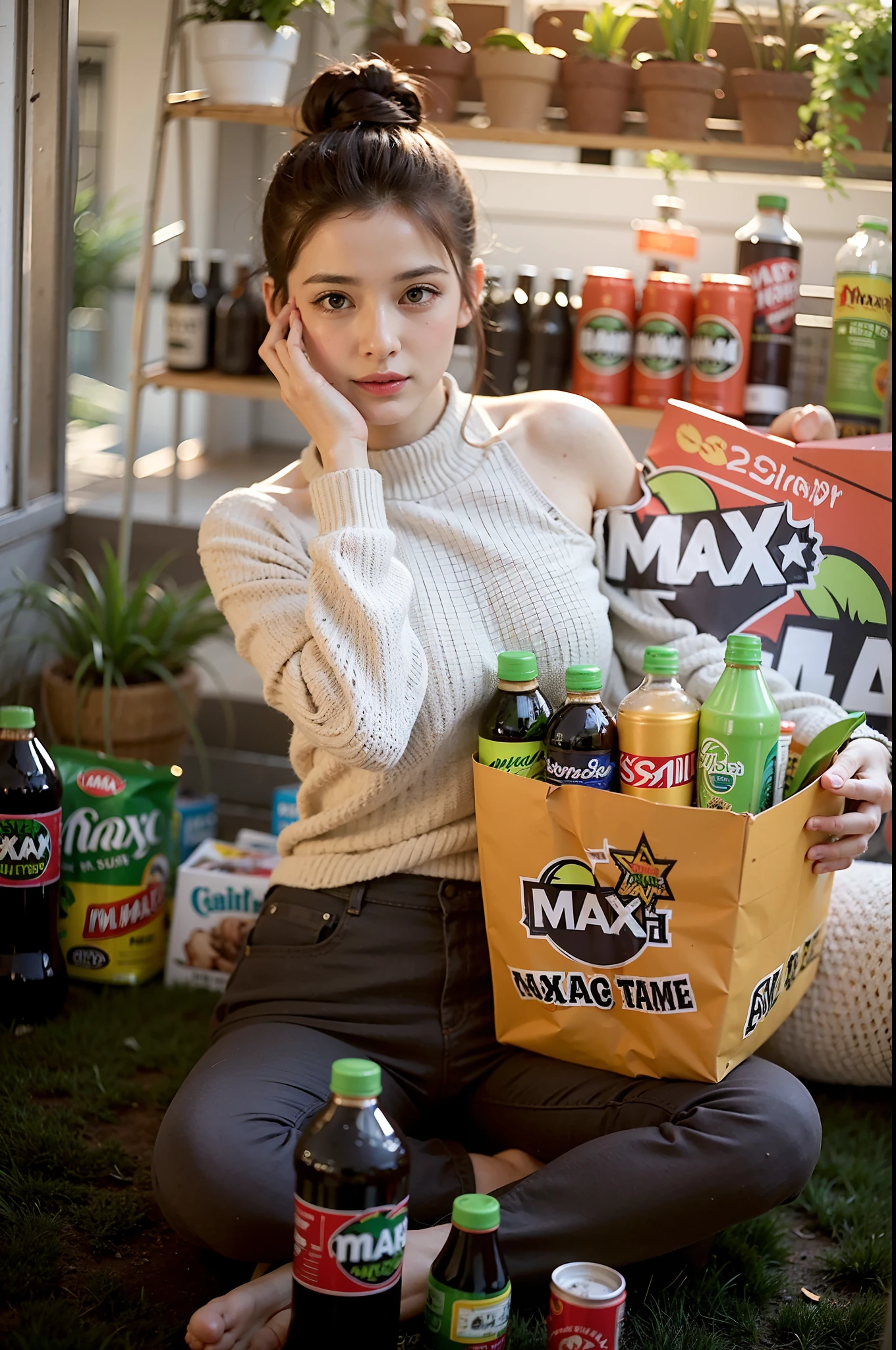 Smile woman sitting on the ground holding a bag of snacks and drinks, max details, maxis, promotional movie still, maxar, max hay, promo still, max accurate, inspired by Max Buri, shot for imax, movie promotional image, promotional still, cinematic flavor, movie still promotion, max quality, pokimane, 😭 🤮 💕 🎀