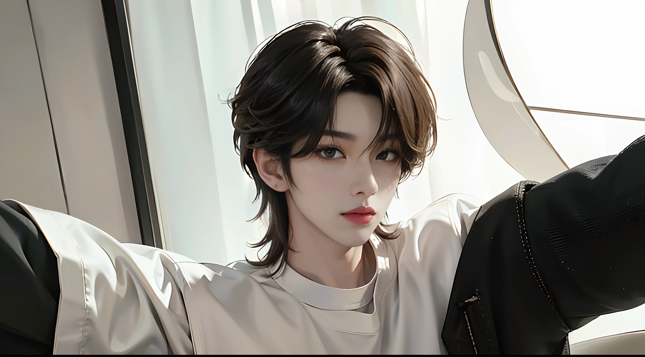 masterpiece、(top-quality)、((high-level image quality))、One Manly Boy、Slim body、((White Y-shirt and long black pants:1.1))、(Detailed beautiful eyes)、Walking together on the road at night、Face similar to Chaewon in Le Selefim、((short hair above the ears))、((Smaller face))、((Neutral face))、((Light brown eyes))、((Korean boy))、((18year old))、((Handsome man))、((Wild look))、((Korean Makeup))、((elongated and sharp eyes))、((Take a selfie))、((Shooting from close range))