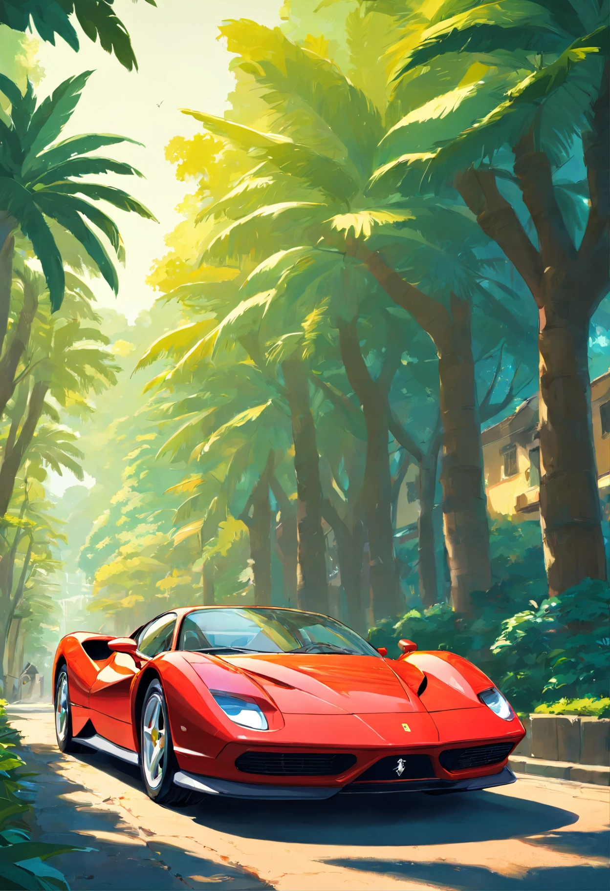 Ferrari F8 estacionado en un camino de tierra cerca de palmeras, Hermoso arte retro, in digital illustration style, stunning art style, stylized digital illustration, detailed digital illustration, Arte de pintura de dibujos animados digitales, Estilo de arte retro, Vectorart detallado , retro illustration, --ar 9:16