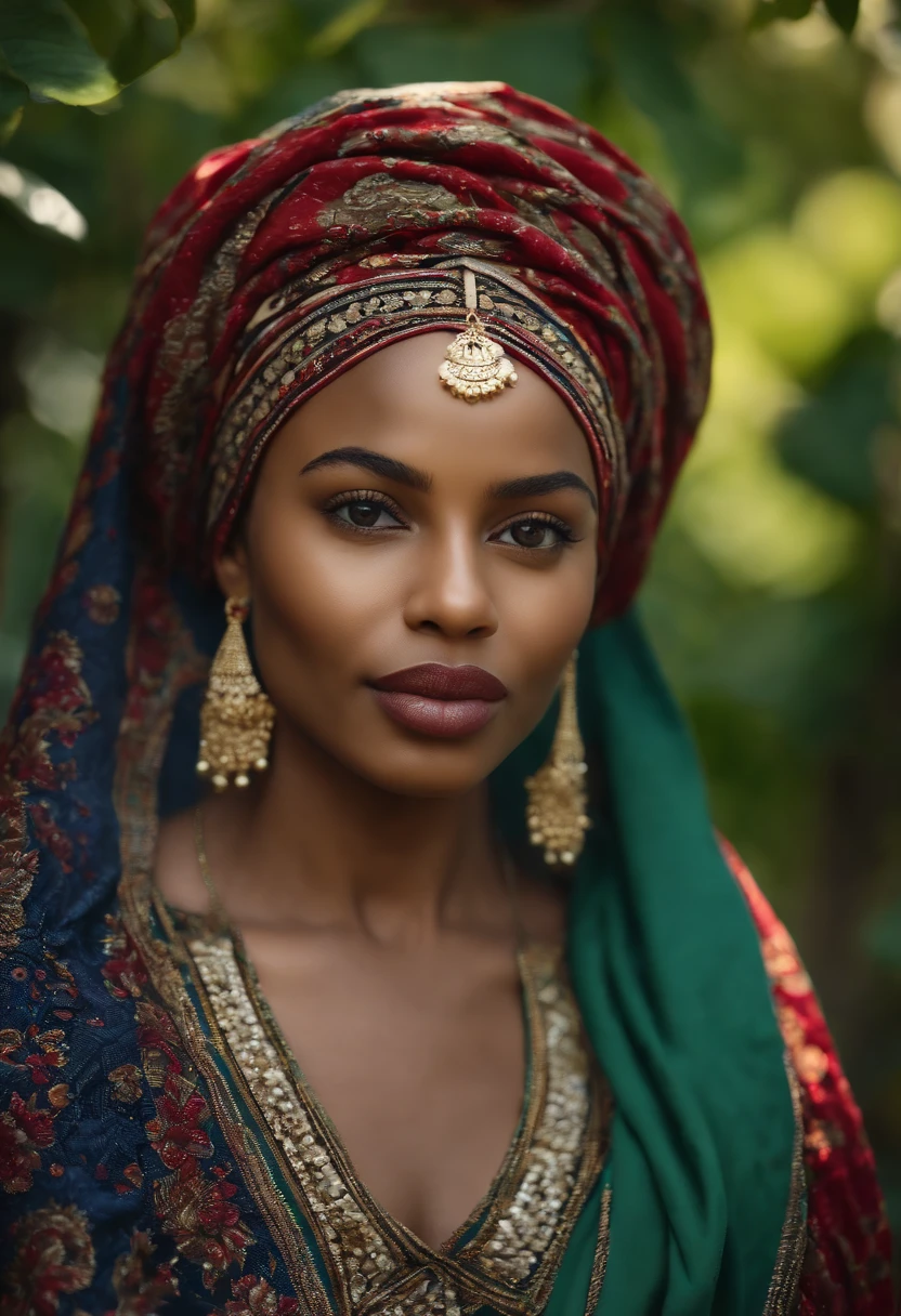 (Realistic video,Ultra-detailed),(Best quality,4K,8k,high resolucion,Masterpiece:1.2),(Hdr,UHD),(portrait,artiste conceptuel:1.1),A young mixed-race African woman wearing a veil walking towards the camera,beautiful detailed  eyes,beautiful detailed lips,Highly detailed face and eyes,Cils longs,wear traditional African clothing in bright colors,Une expression sereine,Walk gracefully through a lush garden with blooming flowers,a soft natural light illuminating his face,green foliage creating a peaceful background,Image avec des teintes chaudes et un contraste riche.