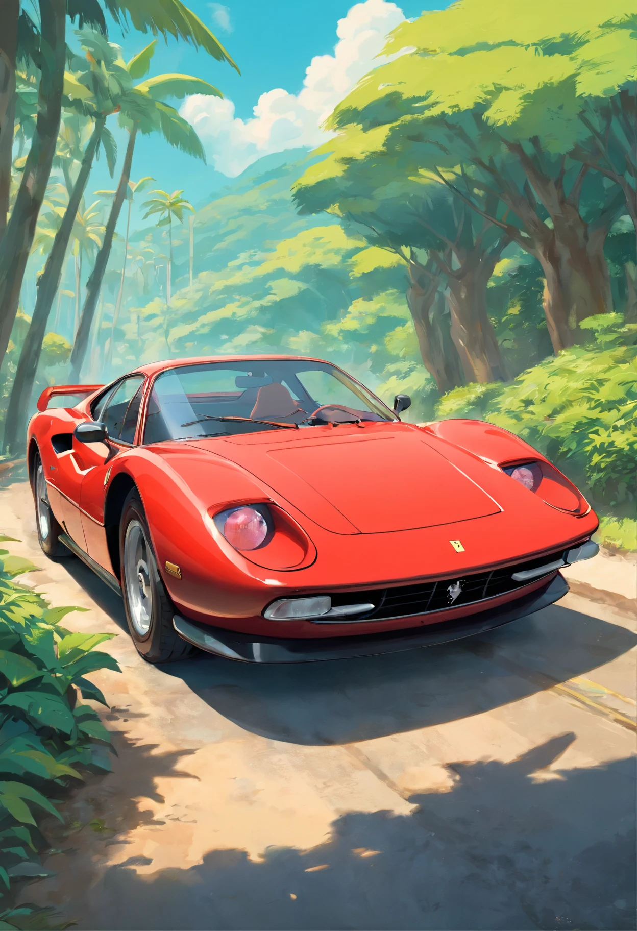 Ferrari F8 estacionado en un camino de tierra cerca de palmeras, Hermoso arte retro, in digital illustration style, stunning art style, stylized digital illustration, detailed digital illustration, Arte de pintura de dibujos animados digitales, Estilo de arte retro, Vectorart detallado , retro illustration, --ar 9:16