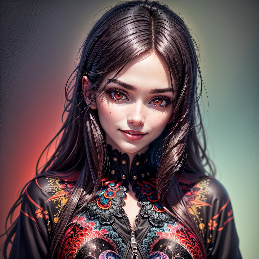 vampire red eyes, sadistic smile, short skirt, sweatshirt, black hair with red locks masterpiece, best quality), intricate details, (best quality)), ((masterpiece)), ((realistic)), (hyperrealism:1.2), (fractal art:1.2)extremely detailed eyes, colorful, more detailed, vibrant colors, high contrast, (8K UHD:1.2), (photorealistic:1.2), posanto for photo