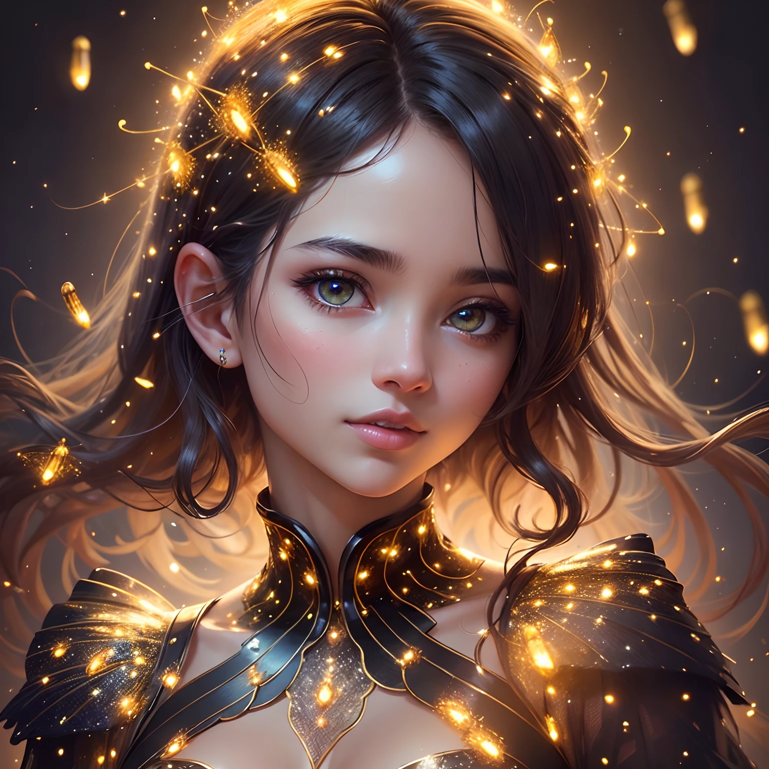 (a person made of fireflies, surrounded by fireflies),oil painting,soft glowing light, best quality,ultra-detailed,ethereal,peaceful,serene,sparkling,beautiful detailed eyes,beautiful detailed lips,luminous skin,shimmering wings,delicate body,glowing silhouette,sparkling tendrils,surreal background,nighttime scene,magical atmosphere,vibrant colors