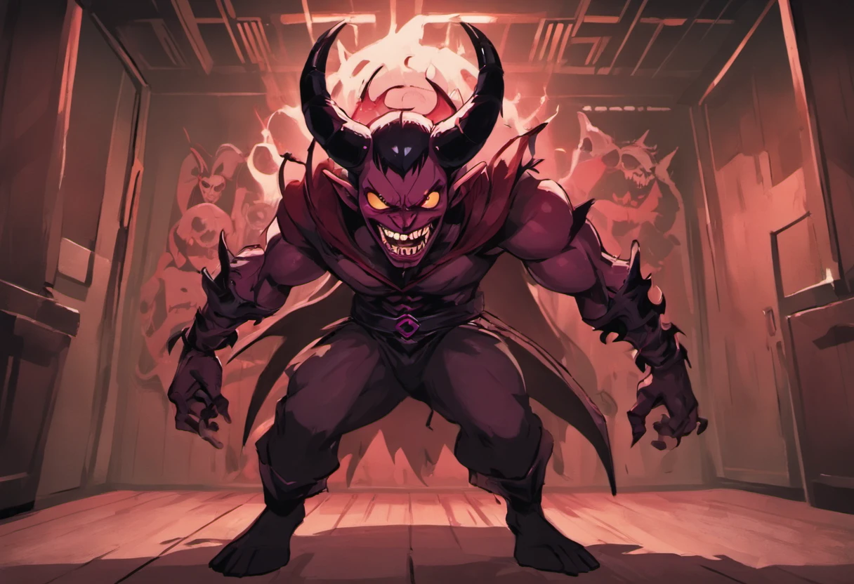 a sinister shadow and 3-horned human looking at the viewer with a scary smile in a room