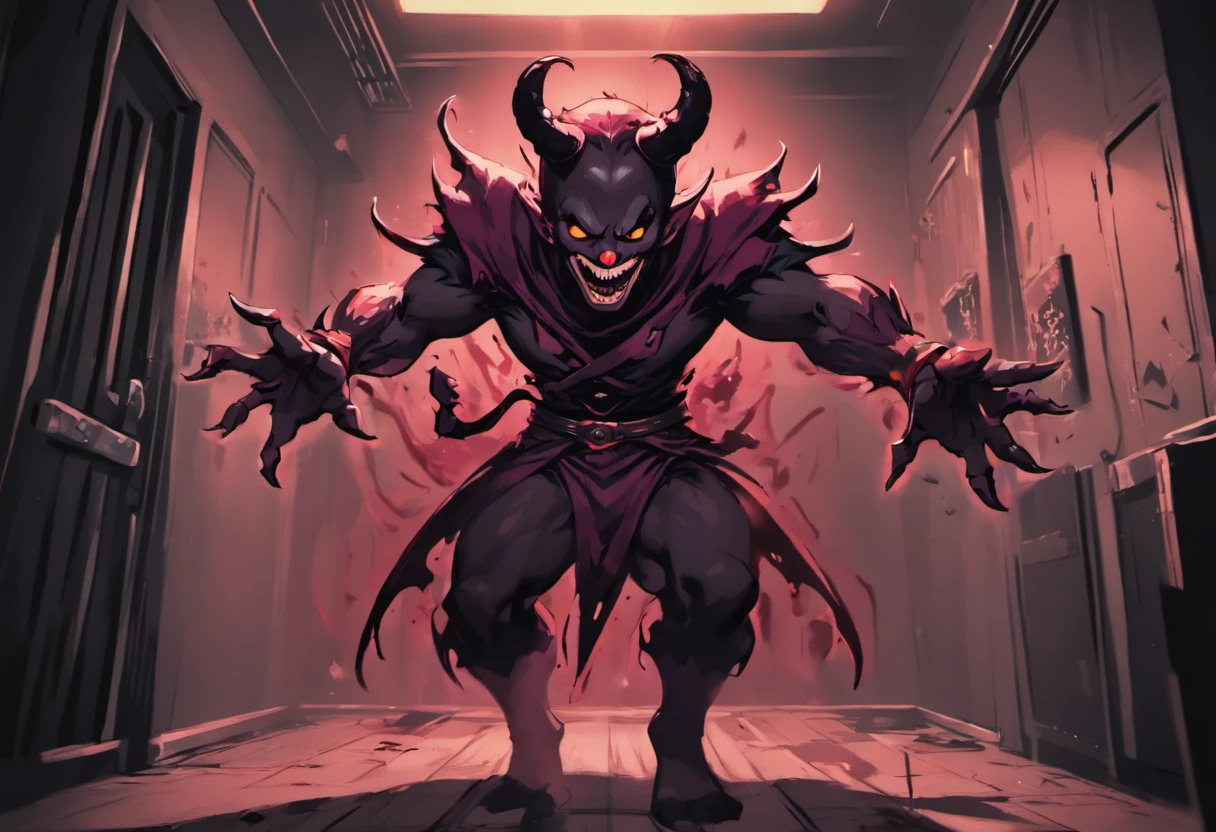 a sinister shadow and 3-horned human looking at the viewer with a scary smile in a room