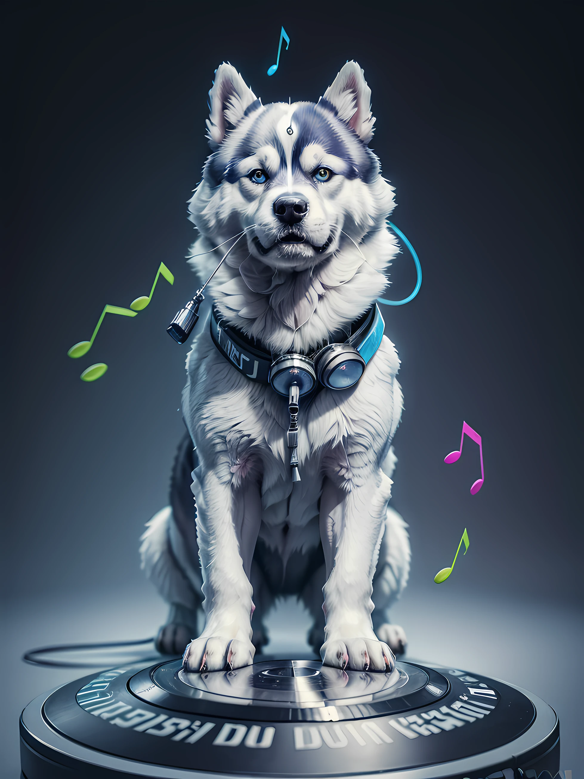 um cachorro Husky Siberiano, pintura estilo 3D aquarela, ((DJ dog listening to music)), DJ Siberian Husky Dog, mesa de som de DJ, imagem completa, High resolution high contrast (fotorrealista:1.5), (Foto RAW, 8k UHD,