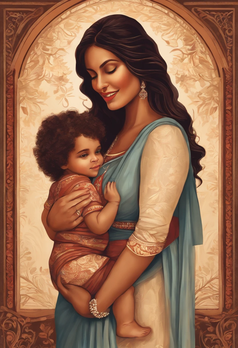 The 2D drawing of a woman holding a in her arms,Pintado,cores suaves,olhos bonitos,terno sorriso,Toque suave,Ambiente nutritivo,fundo bege,ambiente tranquilo e sereno,master part:1.2