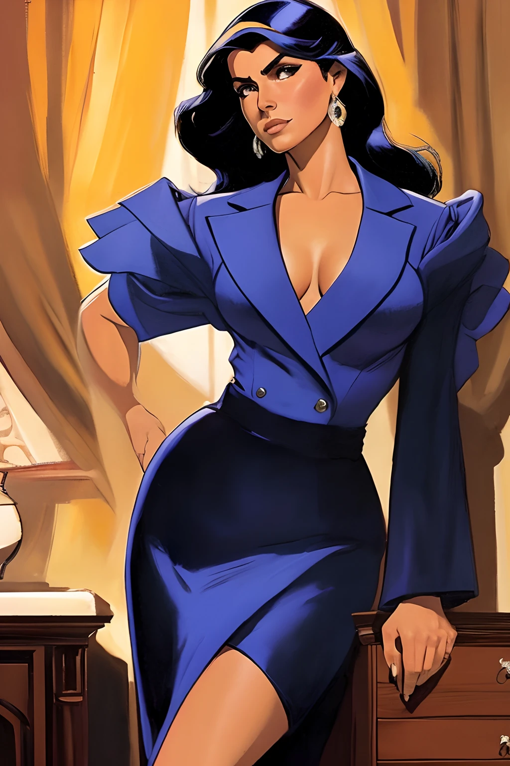 Arte estilo John Buscema, uma bela mulher de longos cabelos negros sedosos, olhos castanhos claros, corpo delgado, usando roupa de executiva de uma empresa famosa, Women's suit composed of jacket and skirt up to the knee, cor azul-escuro, standing with a look full of seriousness, imponente empresaria