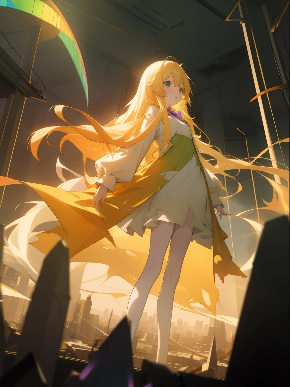 Anime Chorus of the Prisms - Girl, petite, long golden hair, cream-colored eyes, green-orange dress, torn lab coat, purple stockings, standing on a high-rise building in one of the destroyed land cities, is a "quantum ghost"