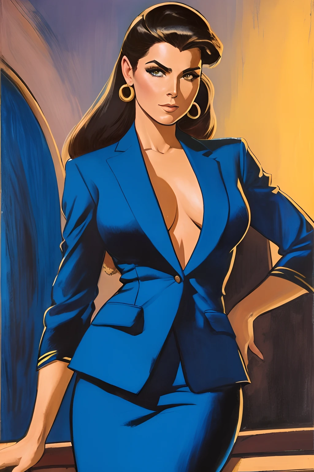 Arte estilo John Buscema, uma bela mulher de longos cabelos negros sedosos, olhos castanhos claros, corpo delgado, usando roupa de executiva de uma empresa famosa, Women's suit composed of jacket and skirt up to the knee, cor azul-escuro, standing with a look full of seriousness, imponente empresaria