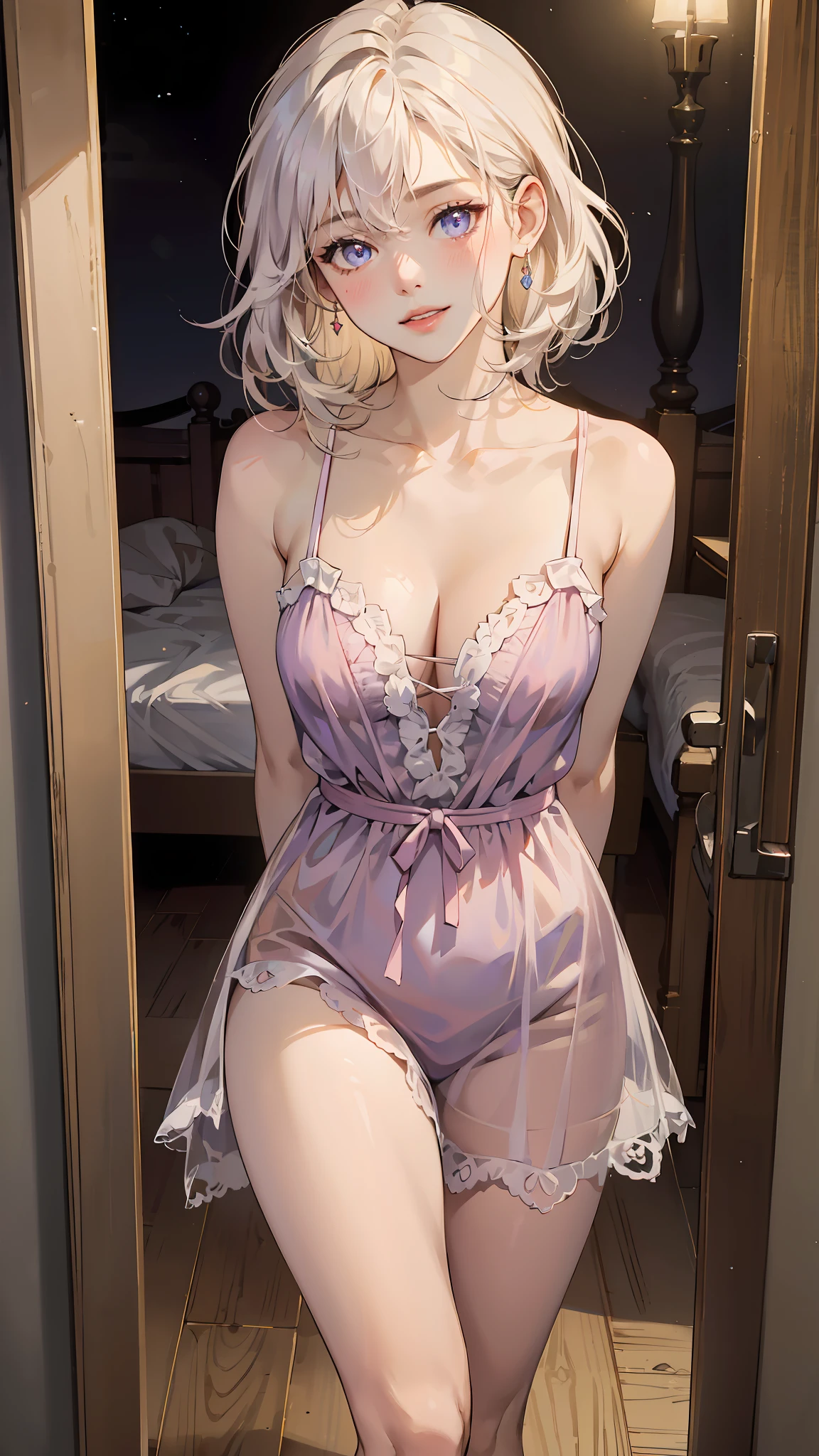 ((((masterpiece, best quality, high resolution)))), 1girl, white hair, purple eyes, short wavy hair, average breasts, blush, light smile, parted lips, glow, thighs, bare shoulders, collarbone, narrow waist, cleavage, (beautiful detailed face, beautiful detailed eyes), long slender thighs, perfect eyes, looking at the viewer, seductive looks, seductive pose, standing on the door, arms behind back, night time, satin nightgown