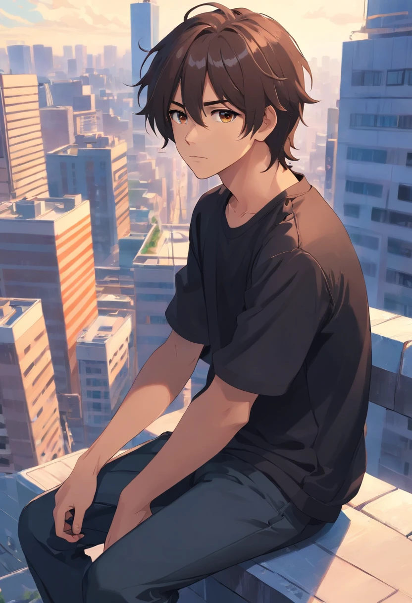 A young teenage man with long hair with brown eyes, a black outfit with white details, sitting on top of a building